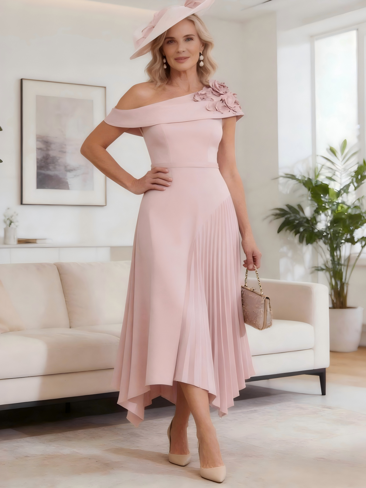 Satin Off the Shoulder Pleated Mother of the Bride Dresses
