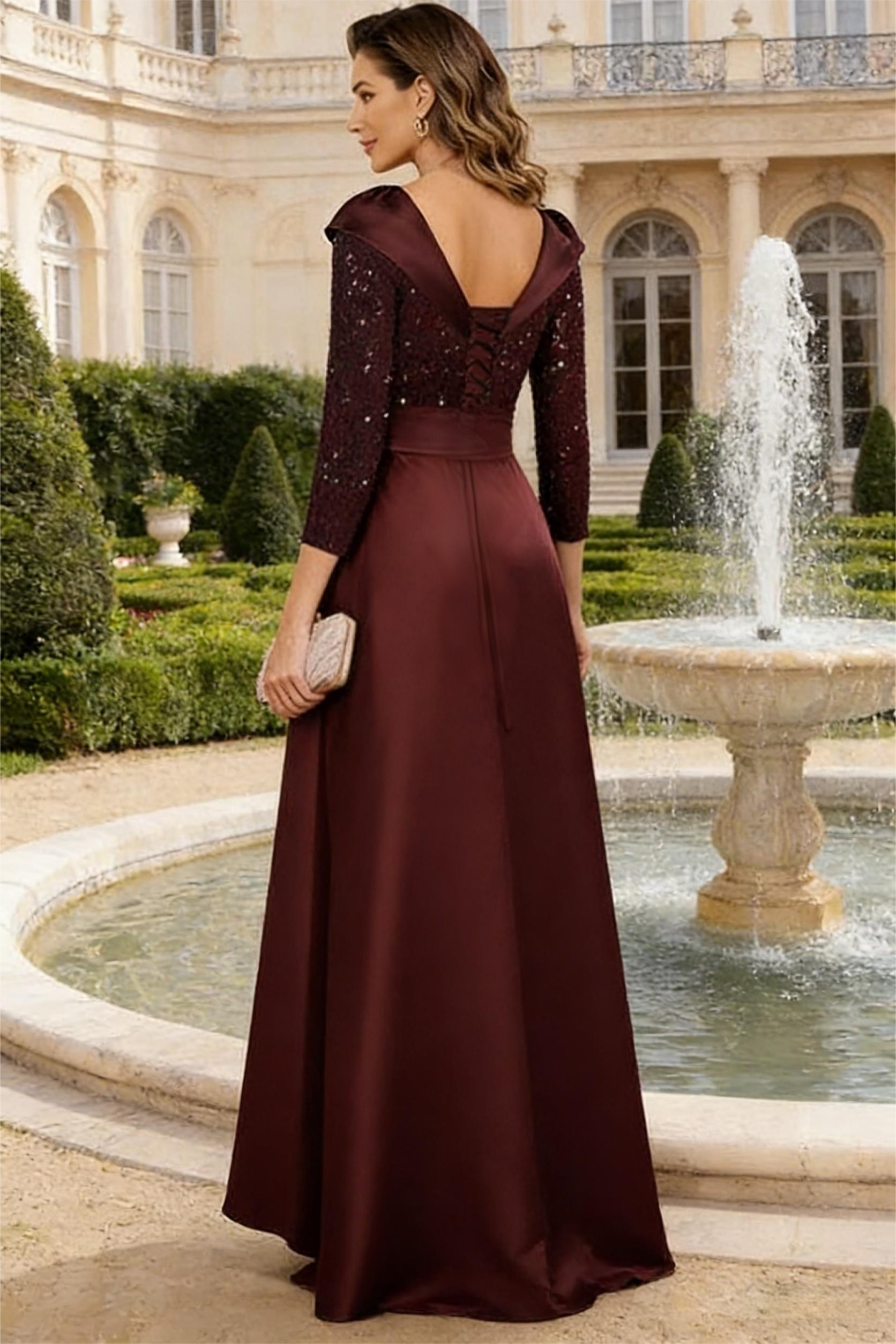V Neck A Line Satin Long Sleeves Mother of the Bride Dresses