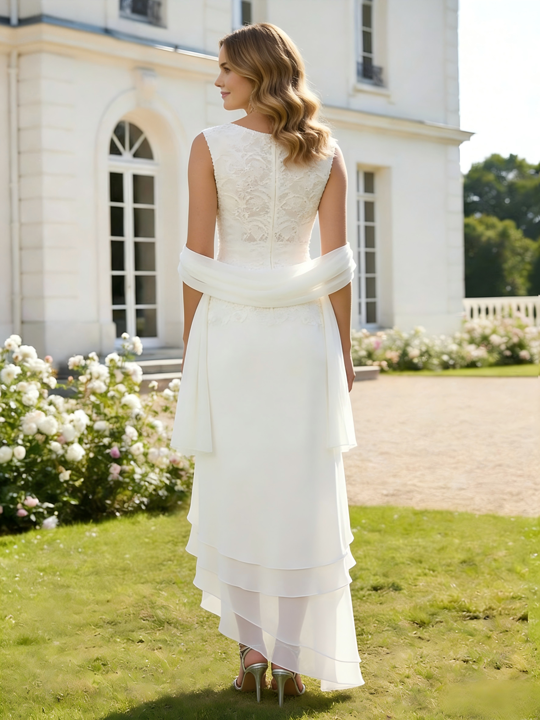 Round Neck Lace Appliques Chiffon Mother of the Brides Dresses with Cap