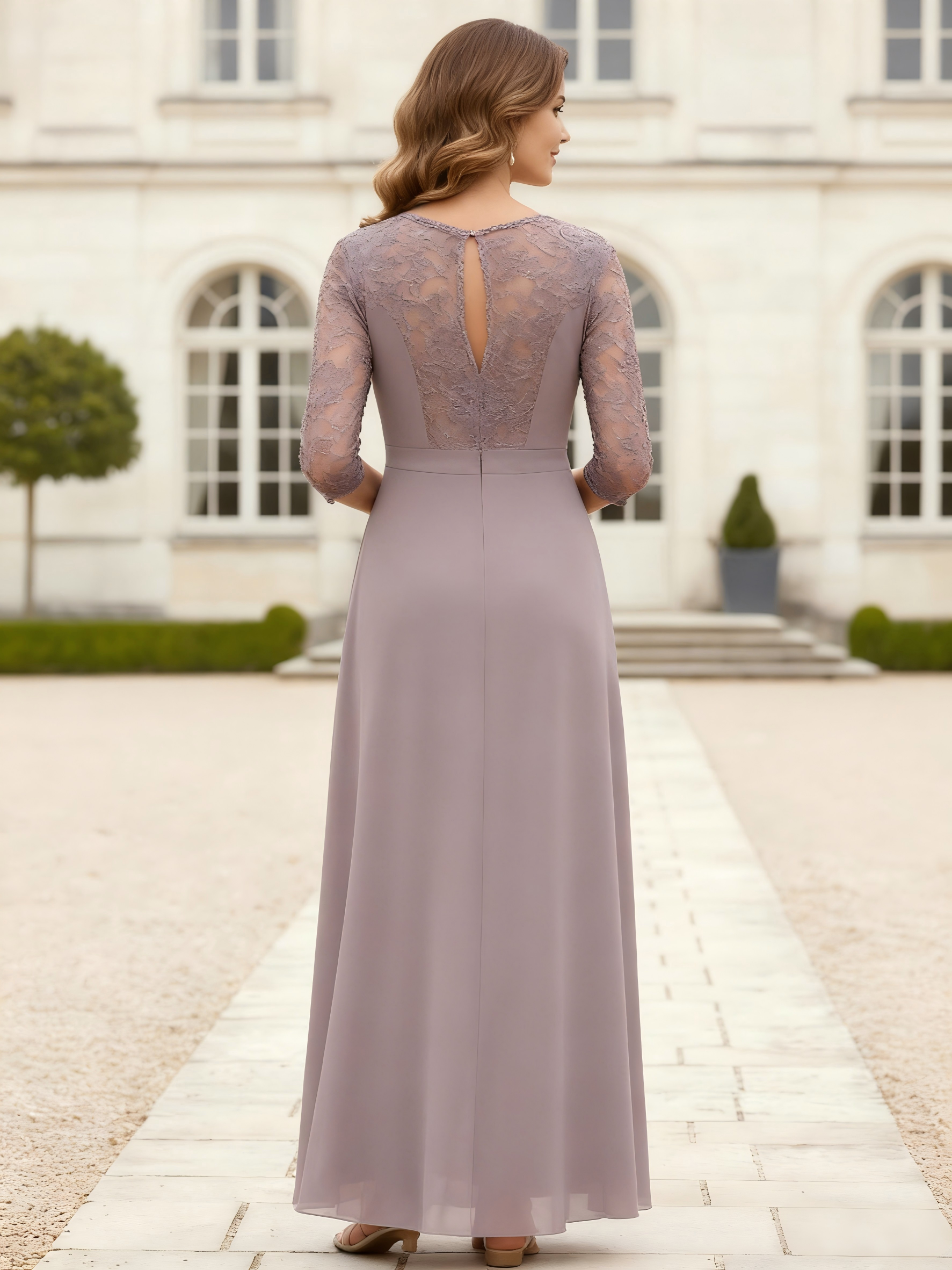 Round Neck Chiffon Mother of the Brides Dresses with Sleeves