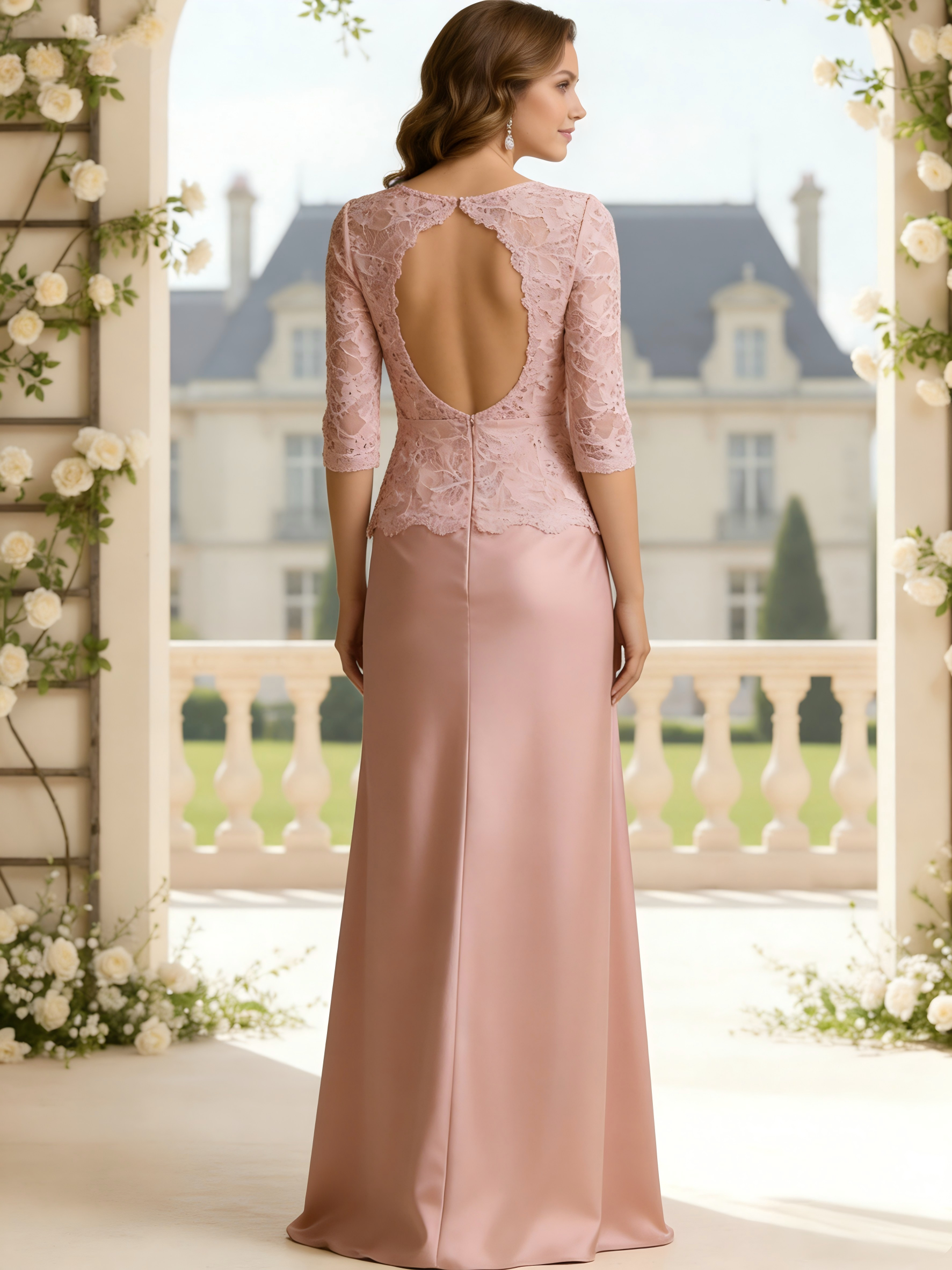 Round Neck Satin Lace Appliques Mother of the Brides Dresses with Sleeves