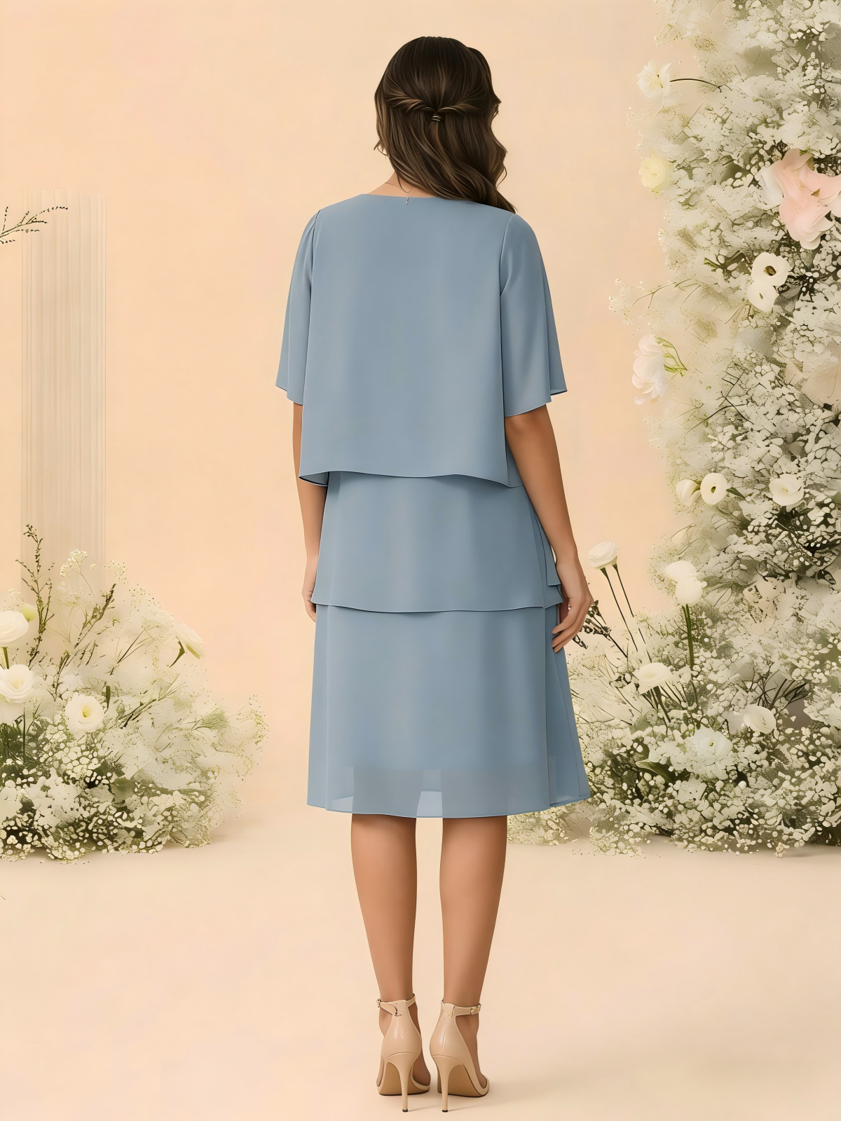 2 Pieces Tiered Chiffon Tea Length Mother of the Bride Dresses