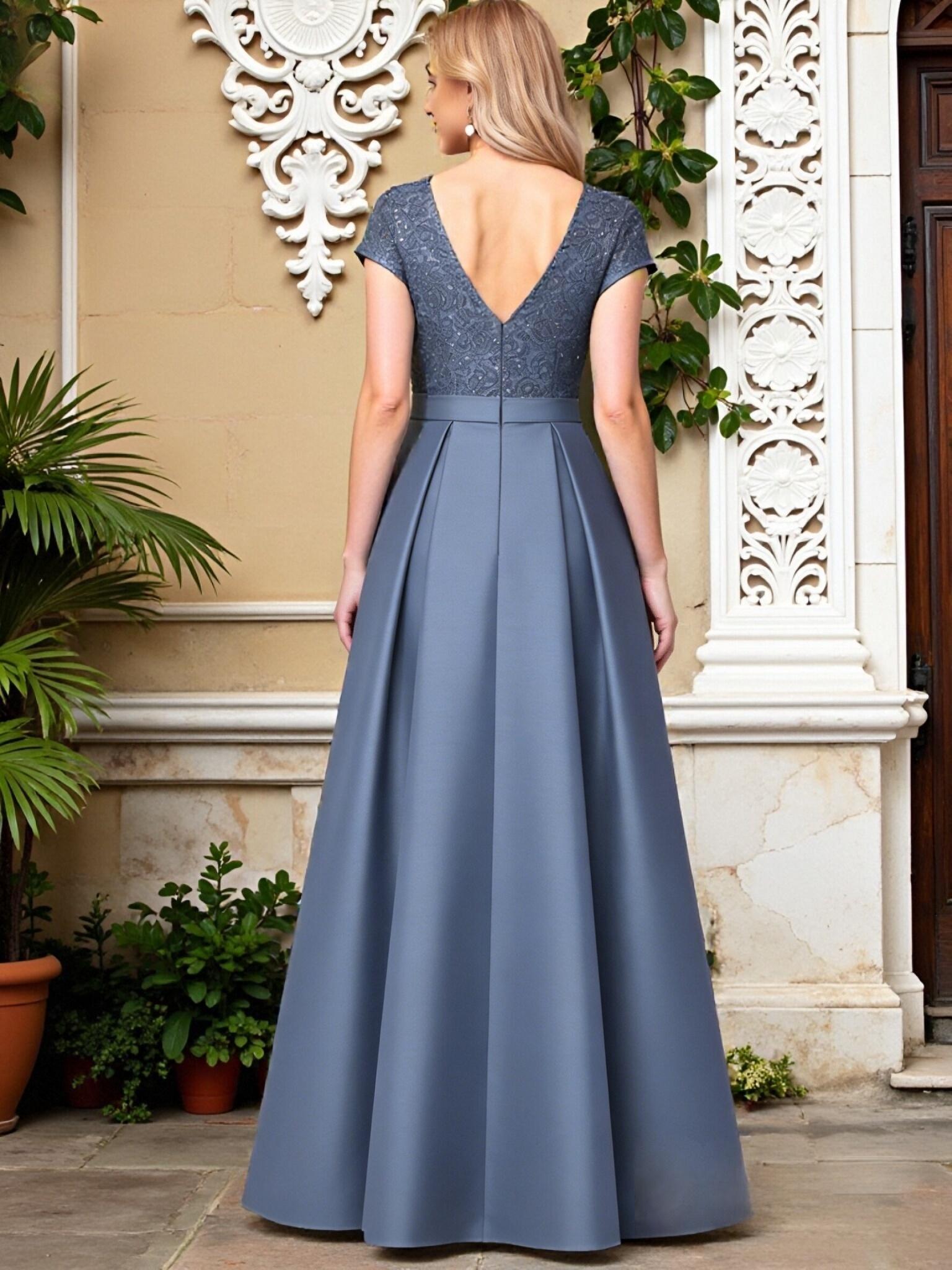 V Neck Satin A Line Short Sleeves Pleated Mother of the Bride Dresses