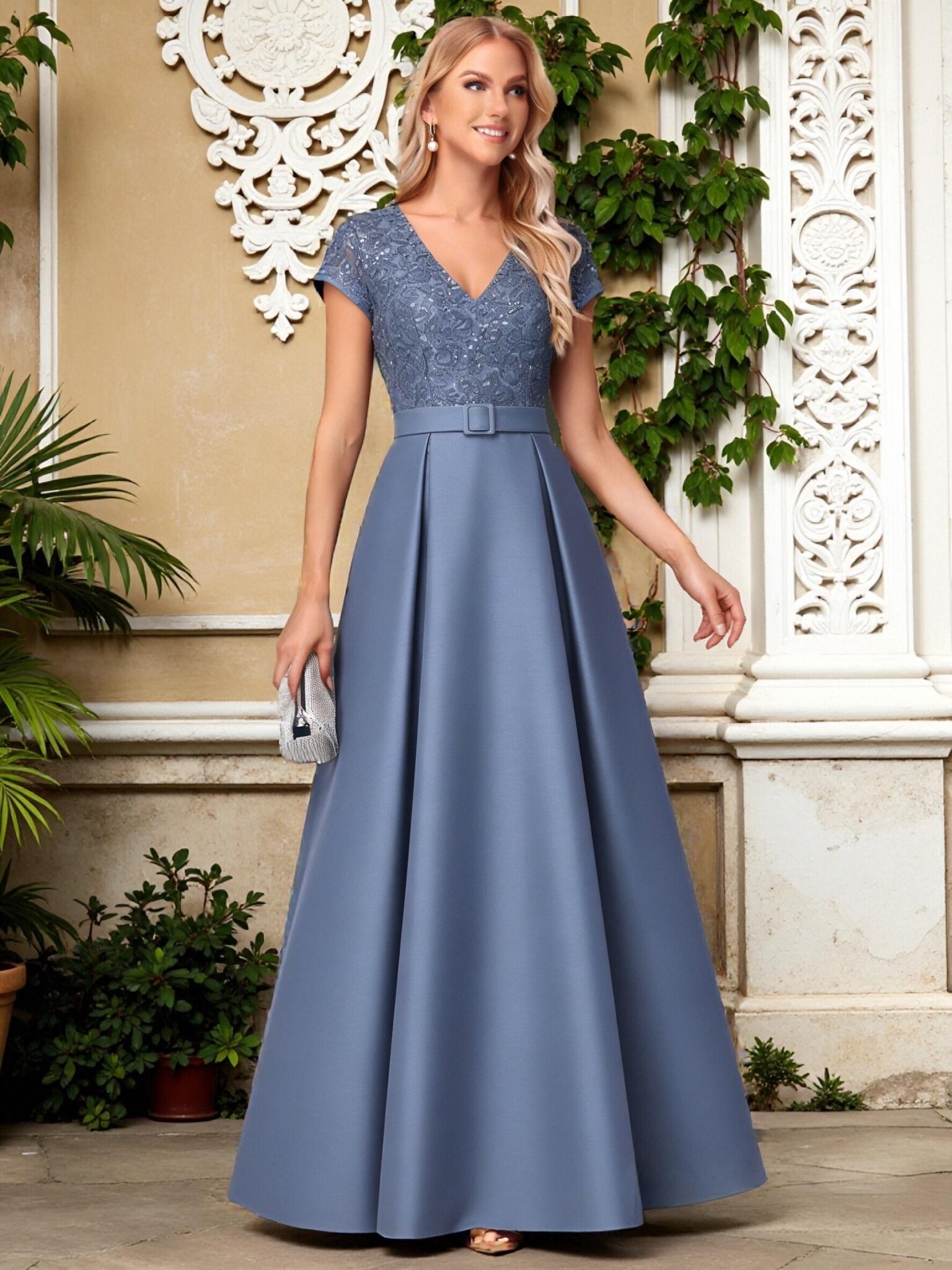 V Neck Satin A Line Short Sleeves Pleated Mother of the Bride Dresses