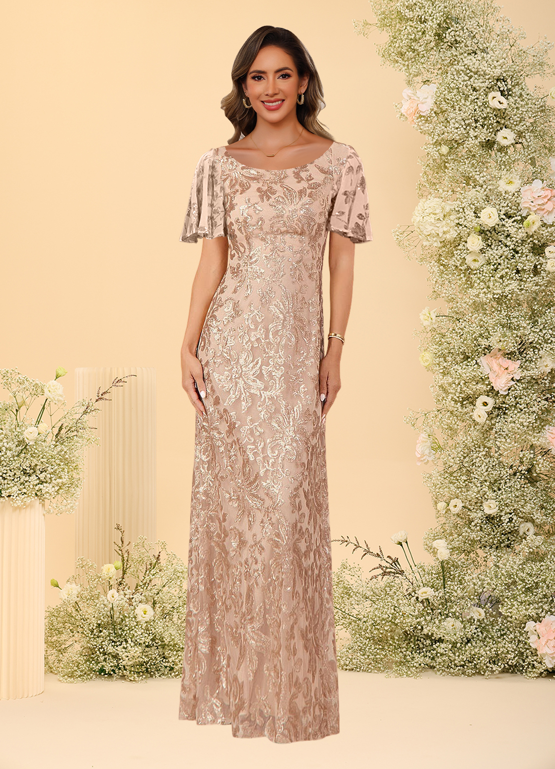 Round Neck Sequin Mermaid Short Sleeves Mother of the Bride Dresses