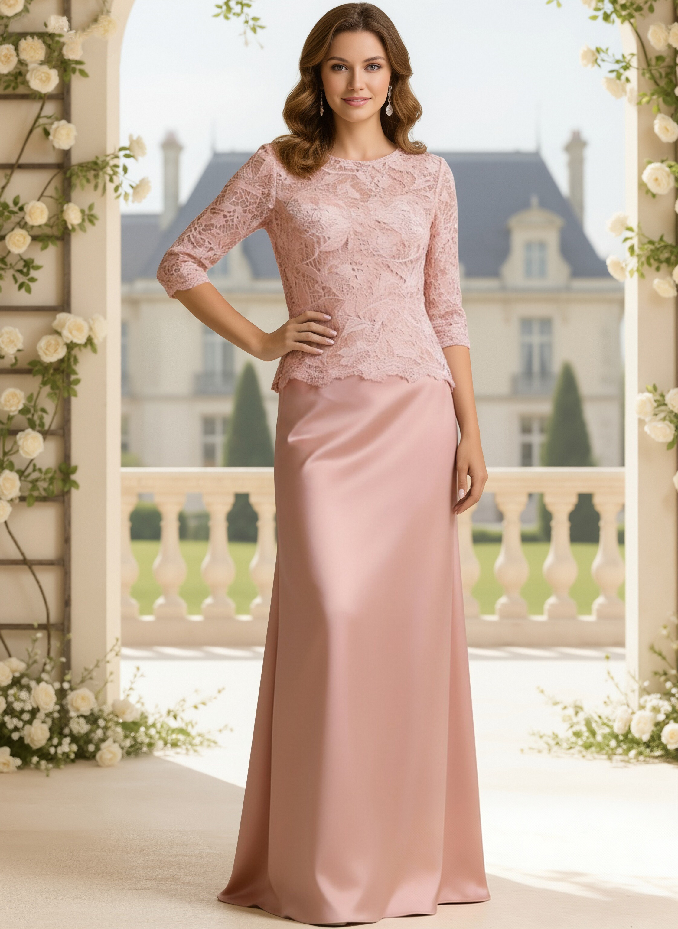 Round Neck Satin Lace Appliques Mother of the Brides Dresses with Sleeves