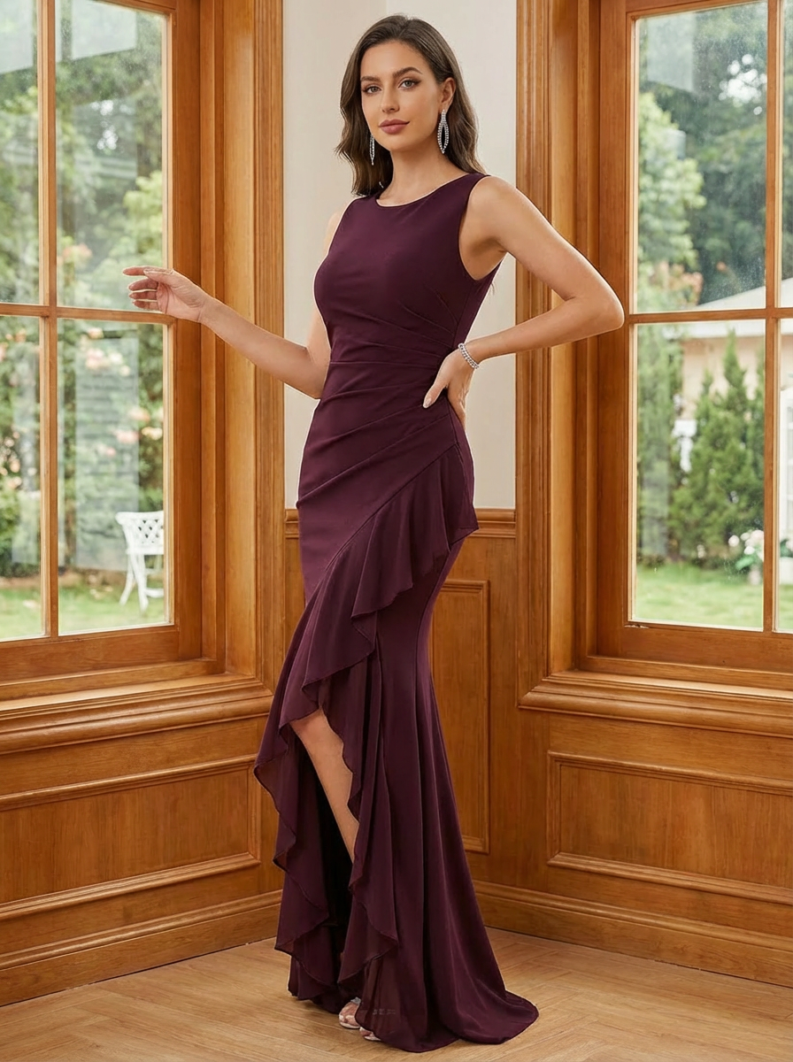 Chiffon Round Neck Mermiad Mother of the Bride Dresses with Slit