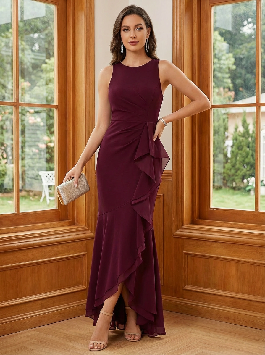 Chiffon Round Neck Mermiad Mother of the Bride Dresses with Slit
