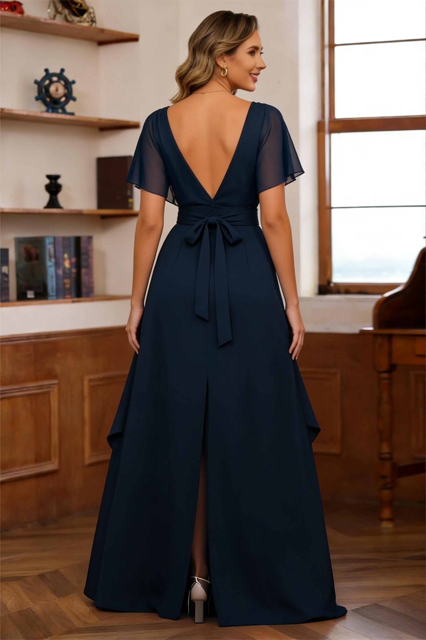 Chiffon V Neck A Line Ruched Short Sleeves Mother of the Bride Dresses with Slit