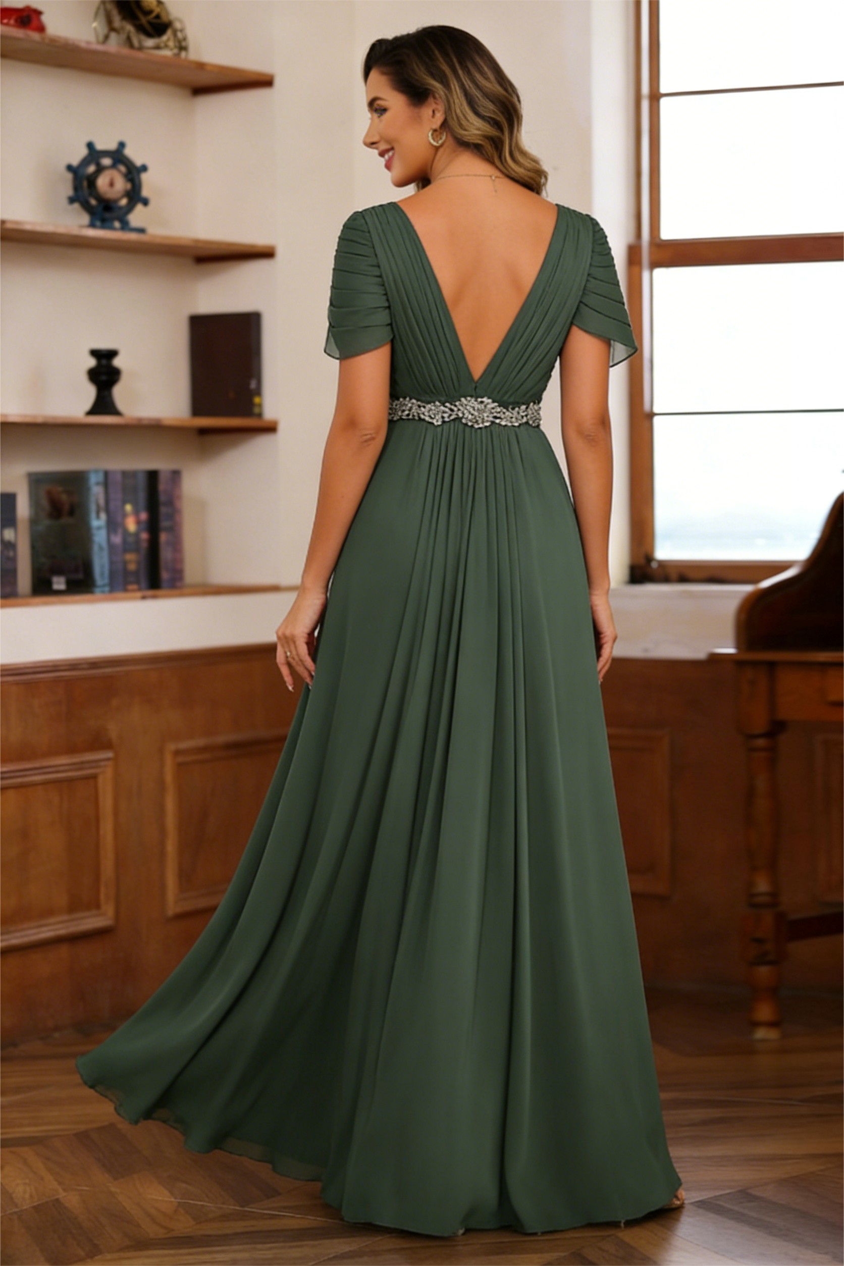 Chiffon V Neck A Line Ruched Lace Appliques Short Sleeves Mother of the Bride Dresses with Slit