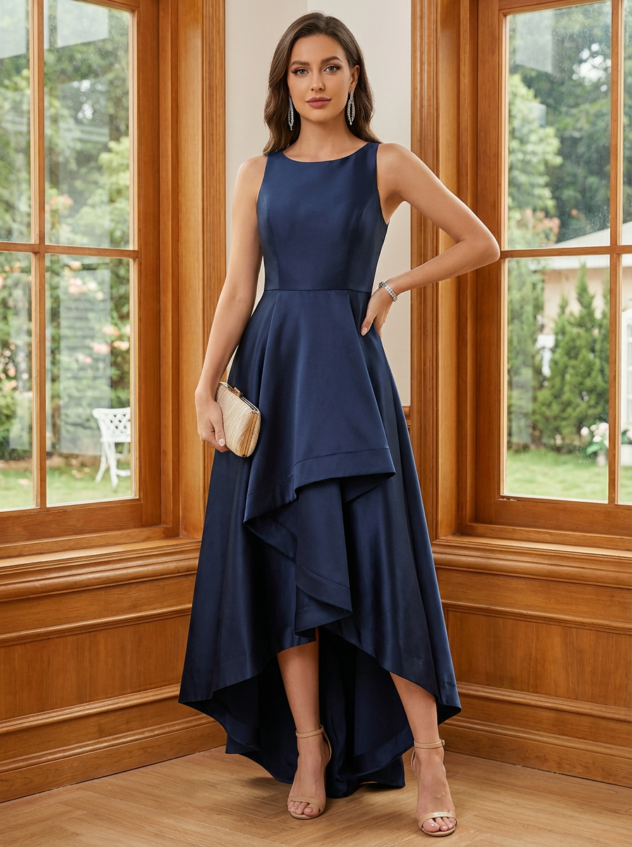 Round Neck Satin A Line Mother of the Bride Dresses with Ruffles