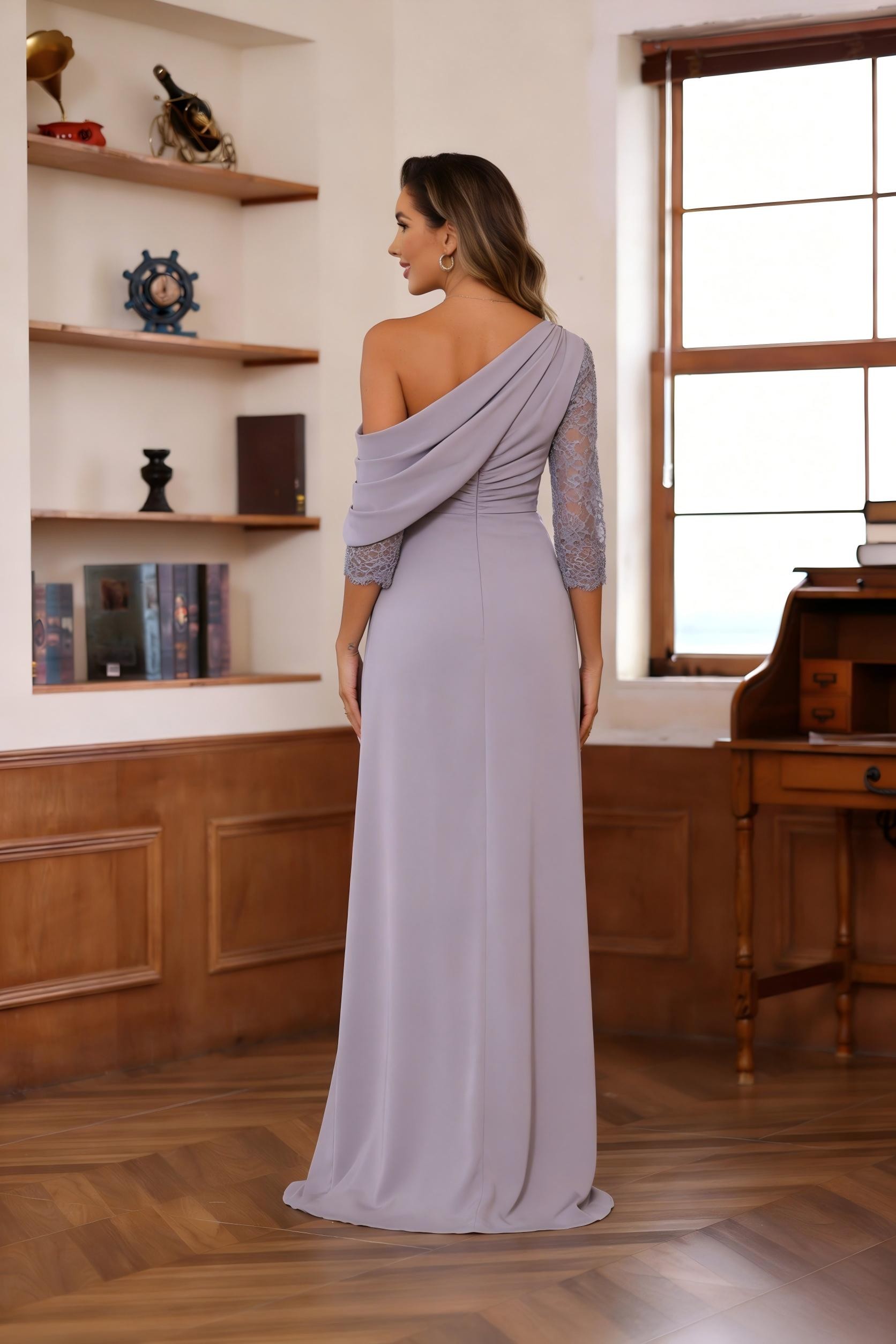 Chiffon One Shoulder Mermaid Ruched Lace Appliques Mother of the Bride Dresses with Long Sleeves