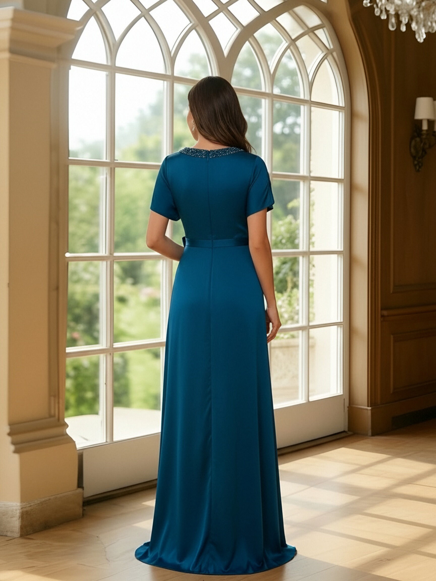 V Neck Satin Mermaid Pleated Mother of the Bride Dresses