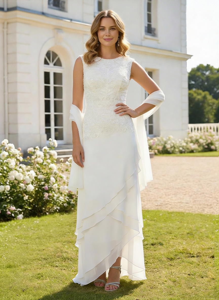 Round Neck Lace Appliques Chiffon Mother of the Brides Dresses with Cap