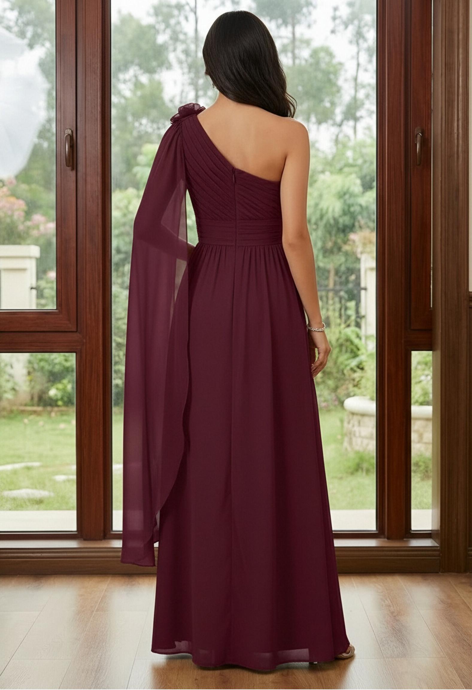 Chiffon A Line One Shoulder Pleated Ruffles Mother of the Bride Dresses with Slit