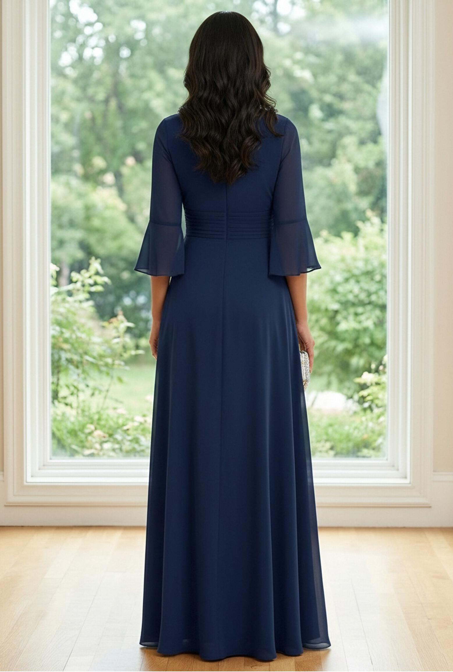 Chiffon A Line V Neck Tiered Ruched Mother of the Bride Dresses with Long Sleeves