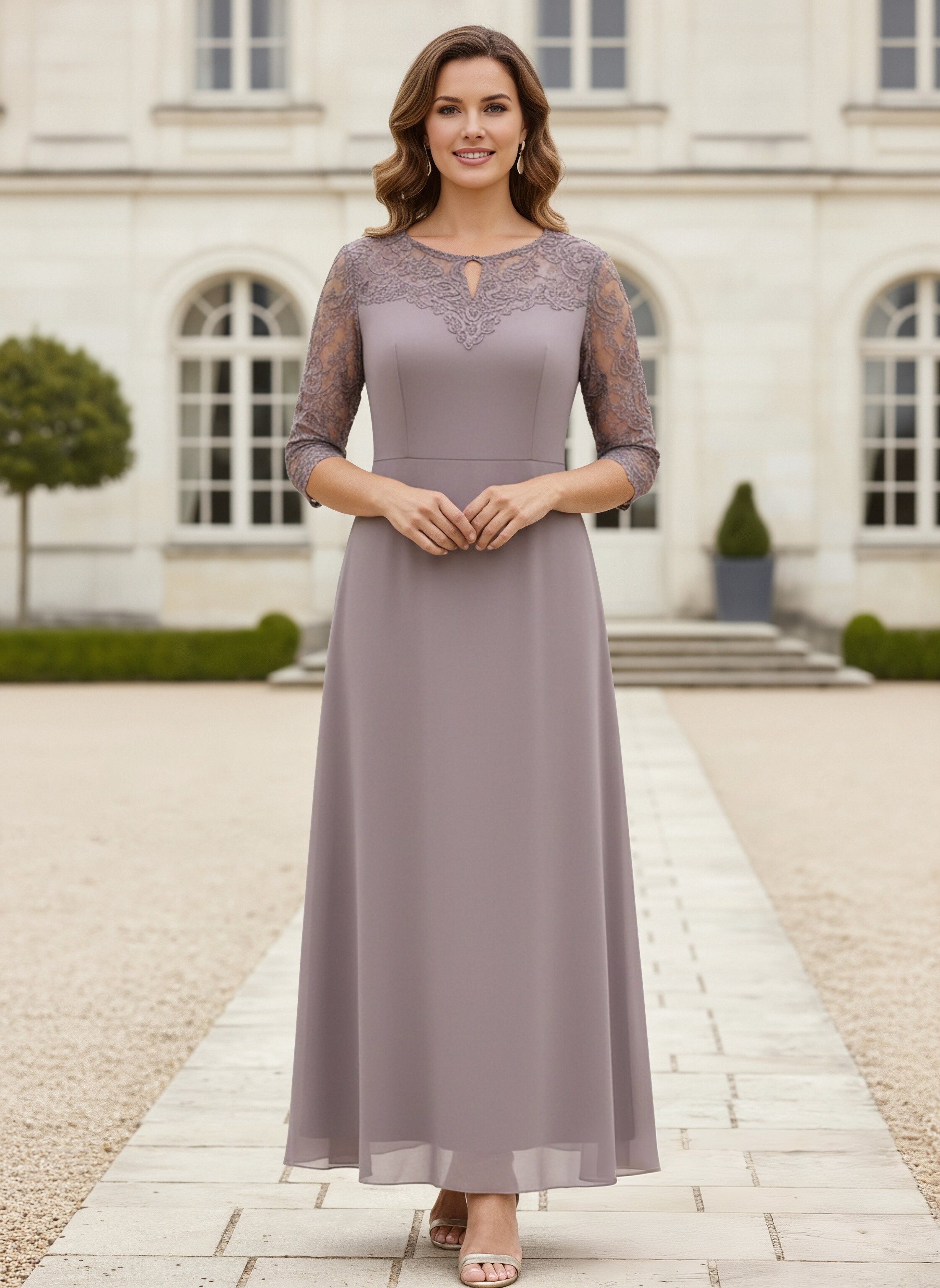Round Neck Chiffon Mother of the Brides Dresses with Sleeves