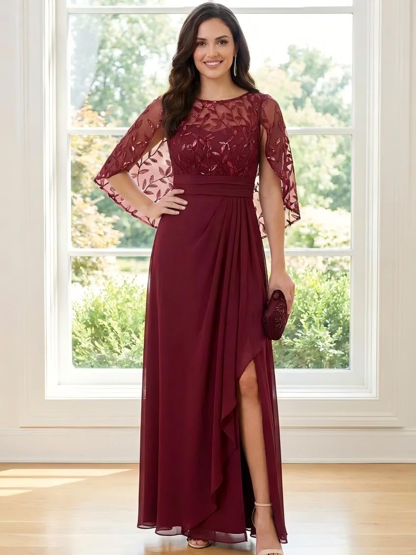 2 Picecs A Line Sequin Round Neck Mother of the Bride Dresses with Slit