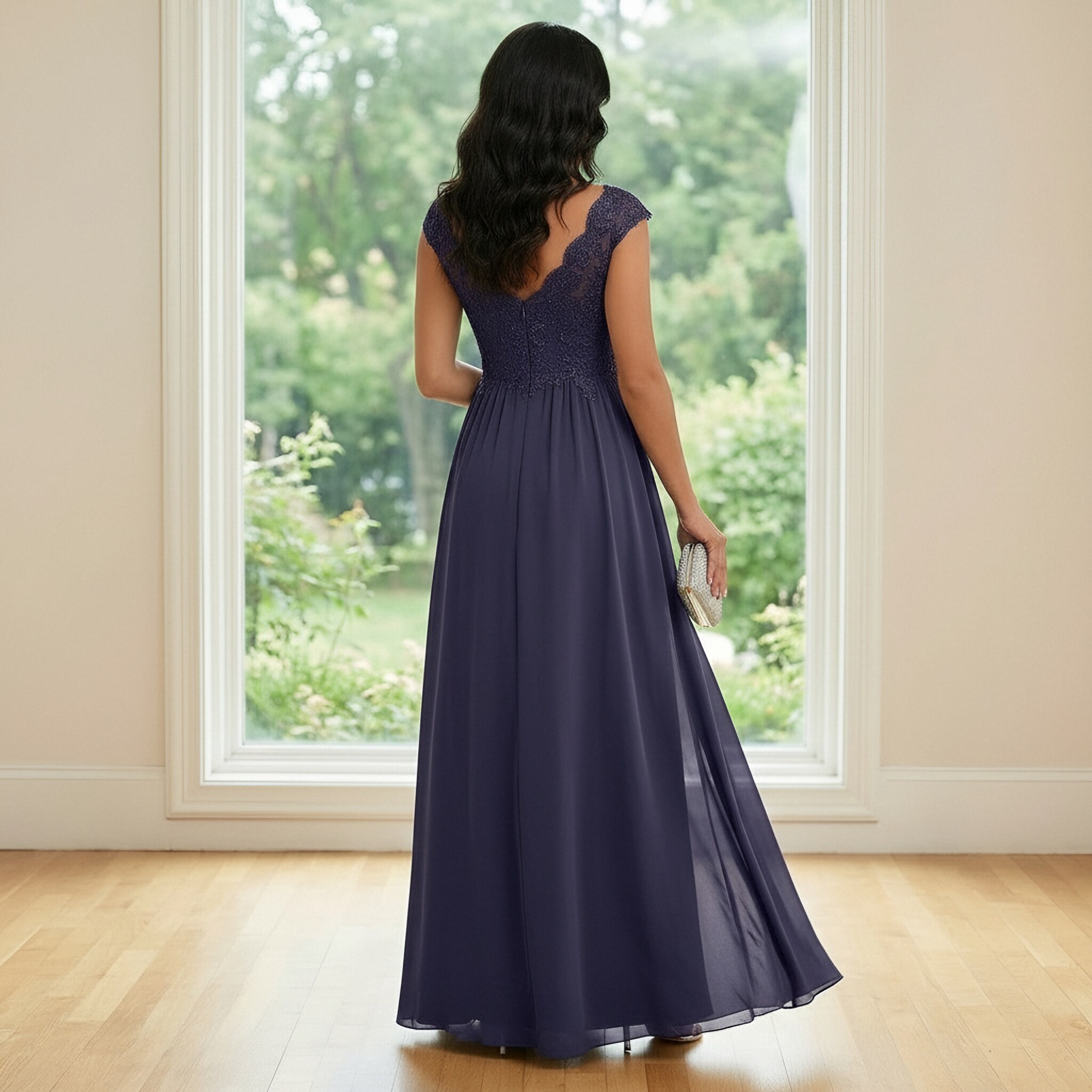 A Line Chiffon Lace Appliques V Neck Pleated Mother of the Bride Dresses with Slit