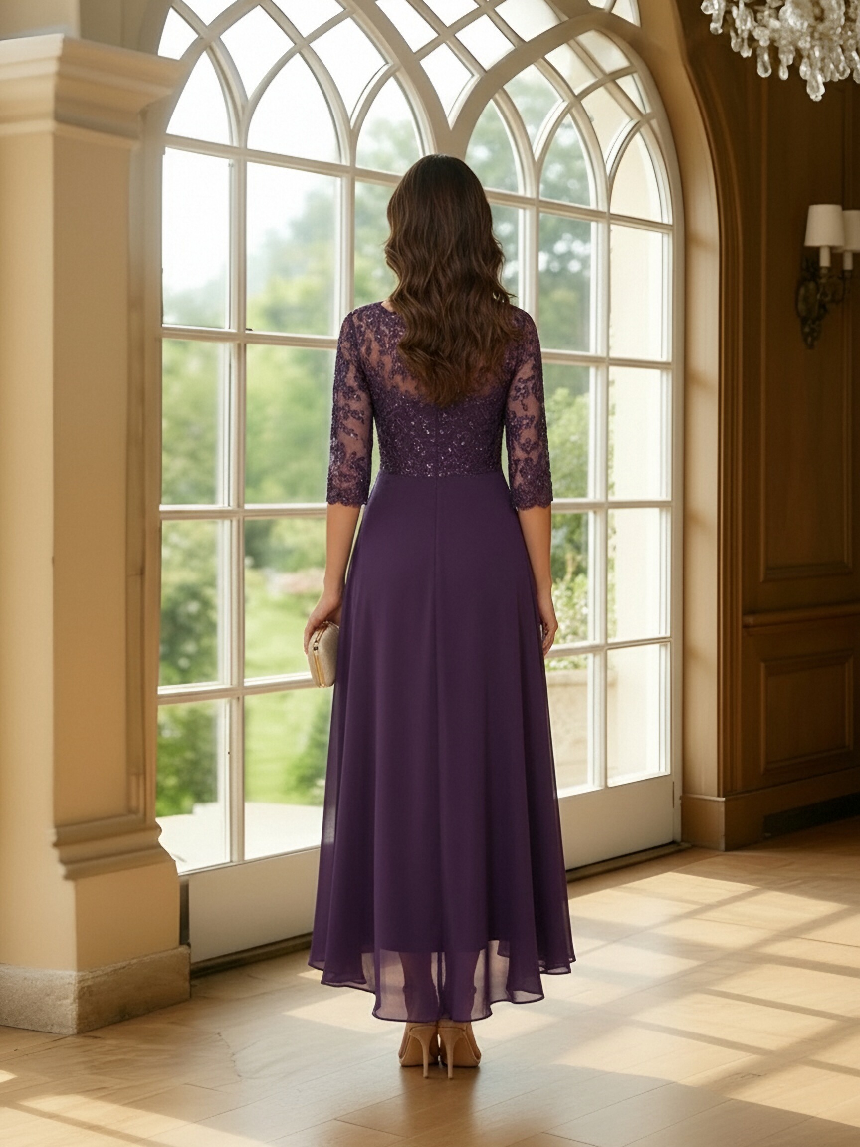 A Line Round Neck Long Sleeves Pleated Mother of the Bride Dresses with Slit