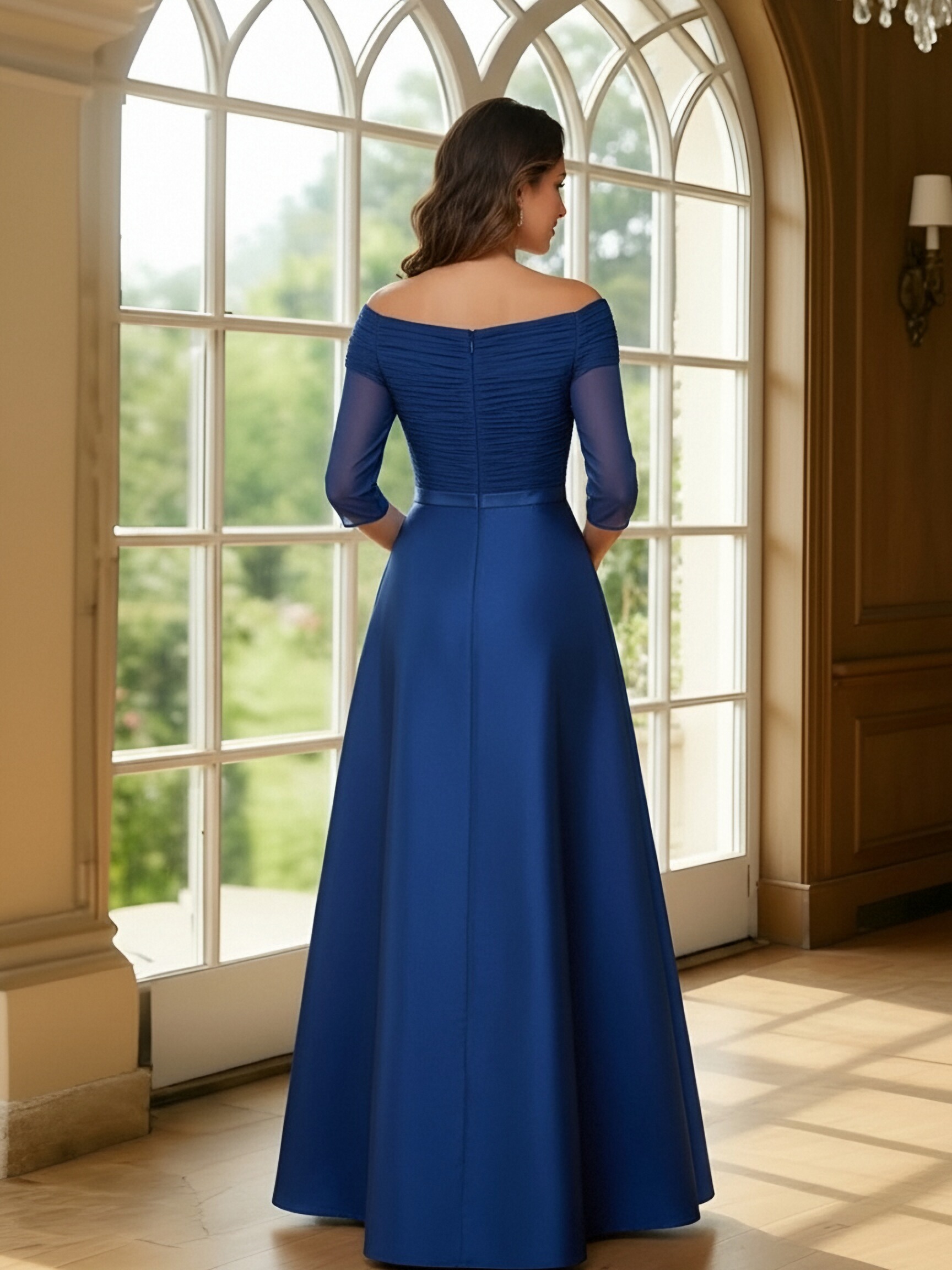 A Line Off the Shoulder Satin Chiffon Pleated Mother of the Bride Dresses