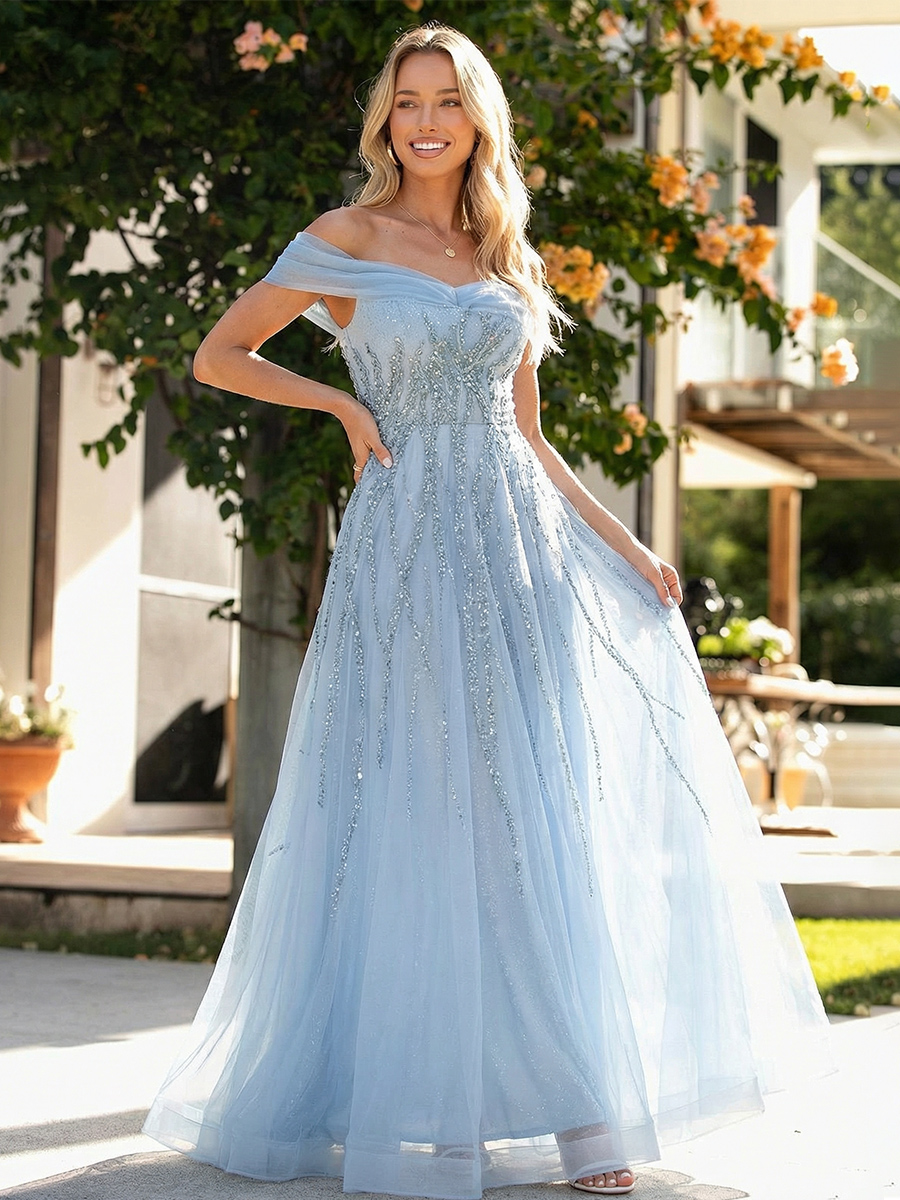 Lace Appliques Off the Shoulder V Neck Tulle Sparkly A Line Prom Dresses