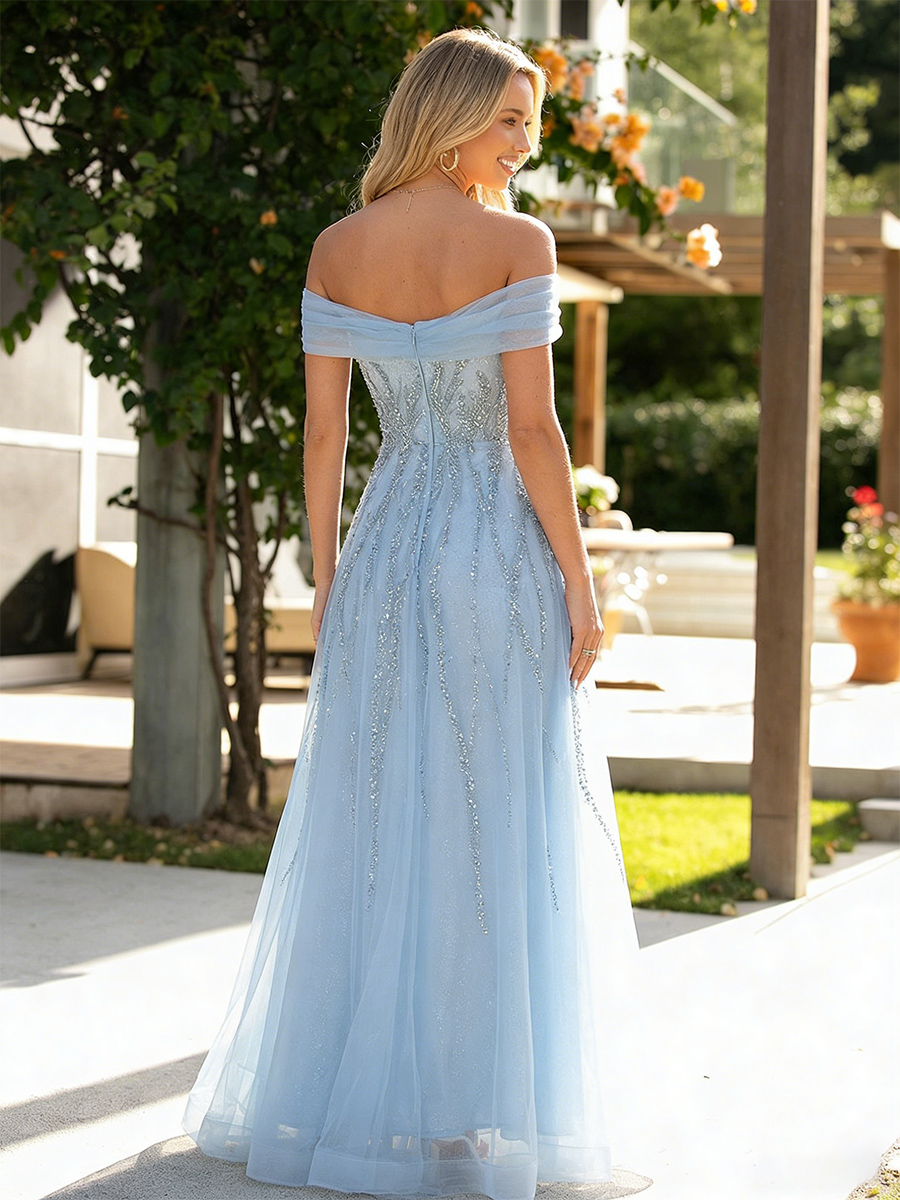 Lace Appliques Off the Shoulder V Neck Tulle Sparkly A Line Prom Dresses