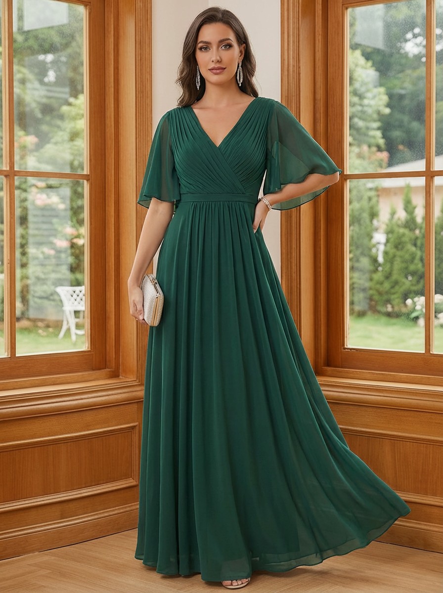 Chiffon V Neck A Line Ruched Mother of the Bride Dresses with Half Sleeves