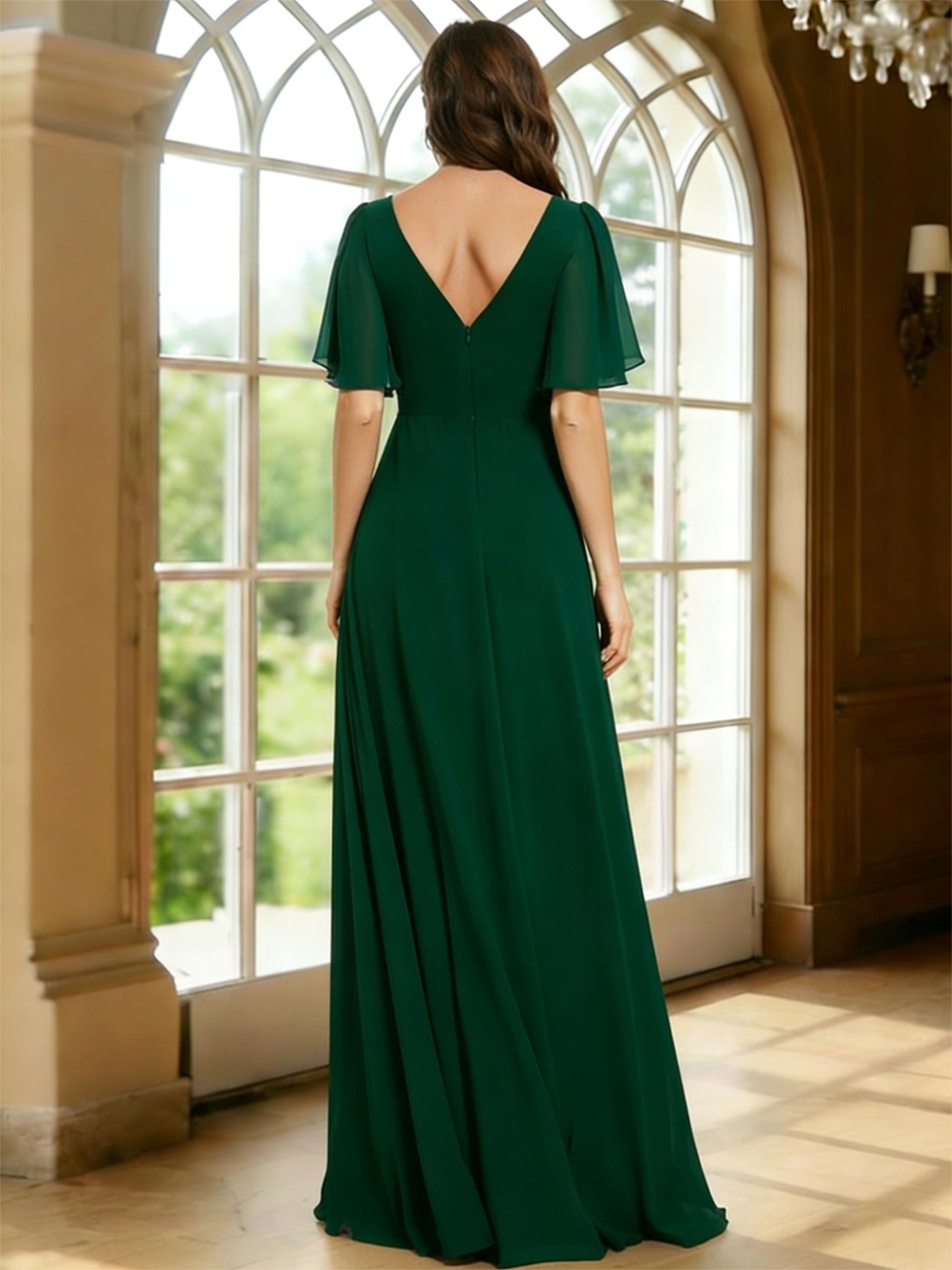 Chiffon V Neck A Line Ruched Mother of the Bride Dresses with Half Sleeves