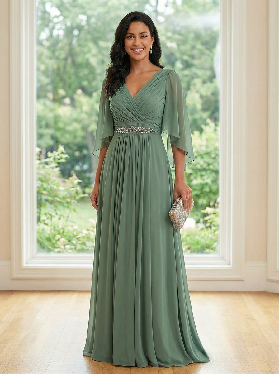 Chiffon V Neck A Line Ruched Mother of the Bride Dresses with Long Sleeves