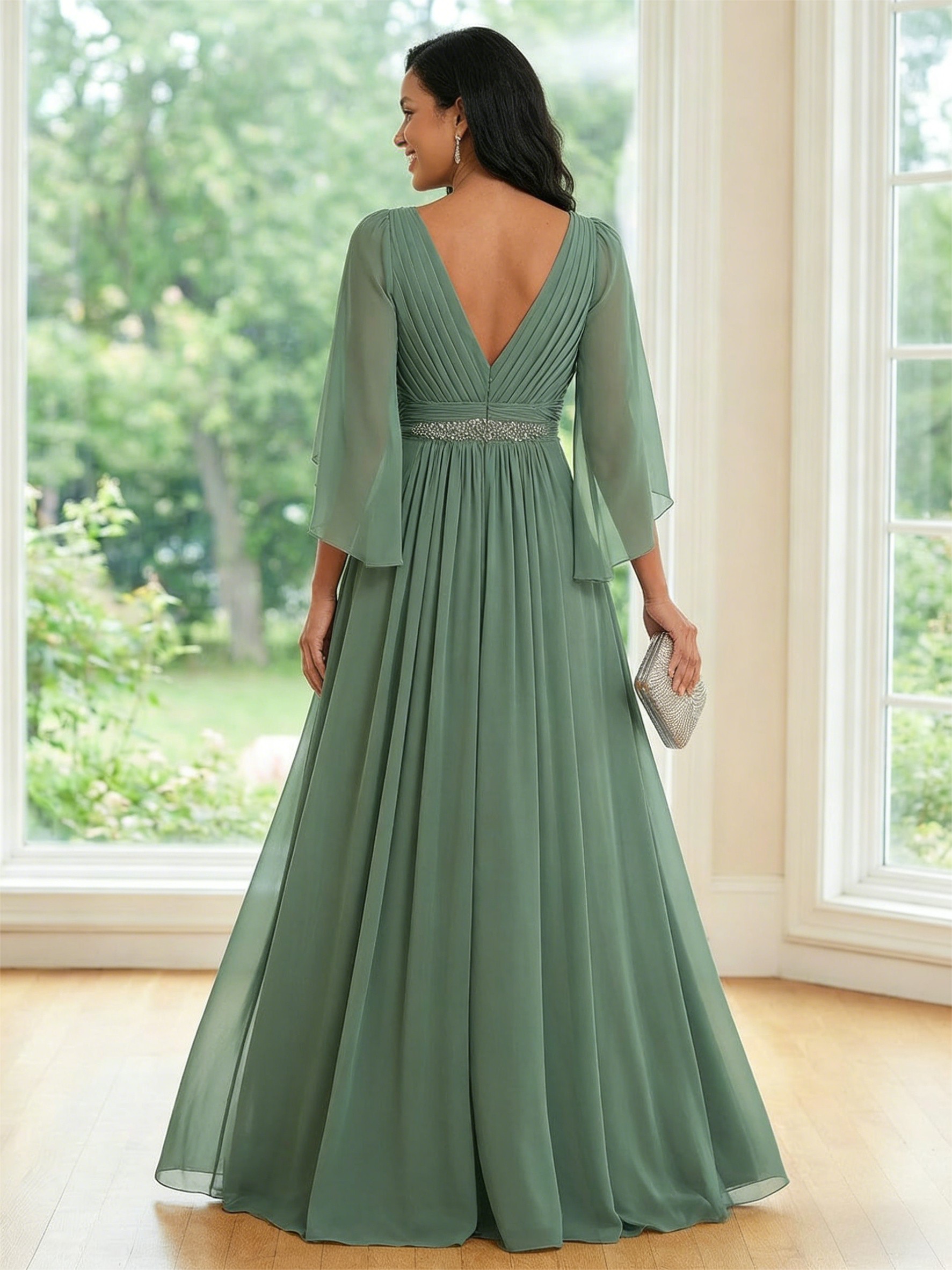 Chiffon V Neck A Line Ruched Mother of the Bride Dresses with Long Sleeves