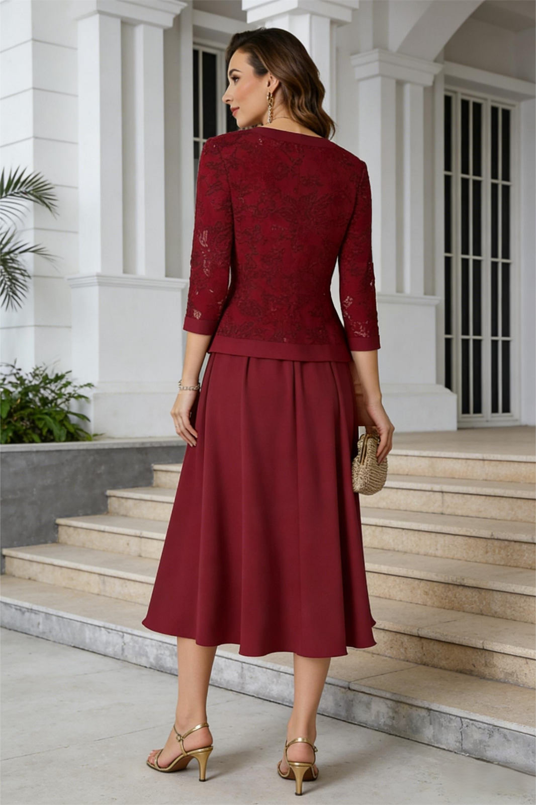 Chiffon Tea Length Corset Lace Appliques 2 Pieces A Line Mother of the Bride Dresses