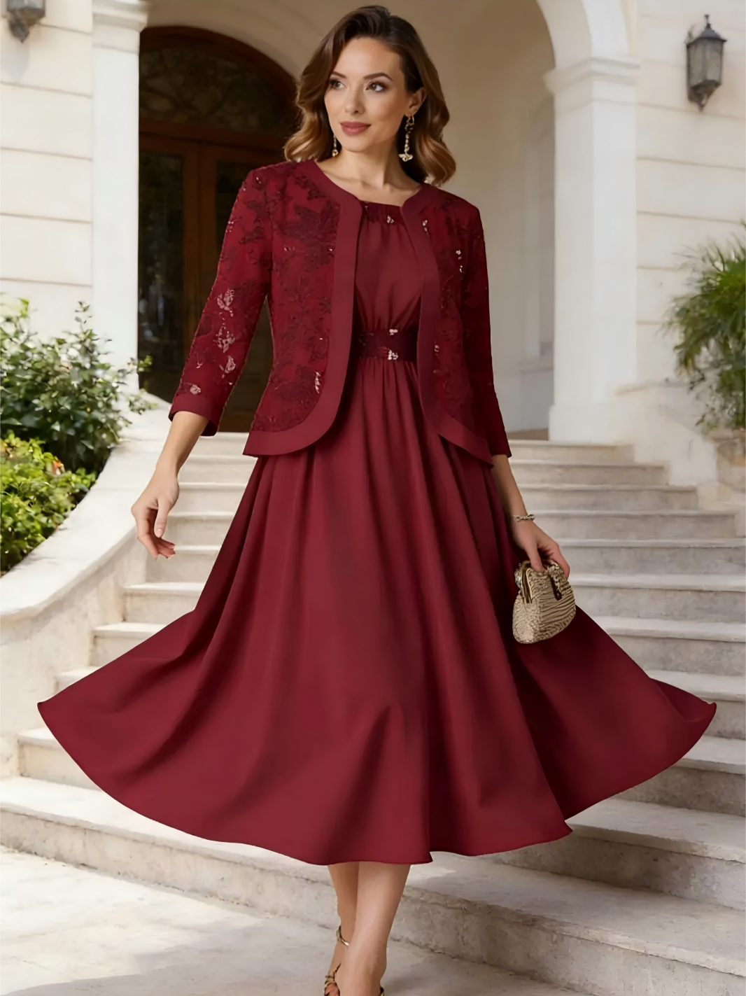 Chiffon Tea Length Corset Lace Appliques 2 Pieces A Line Mother of the Bride Dresses