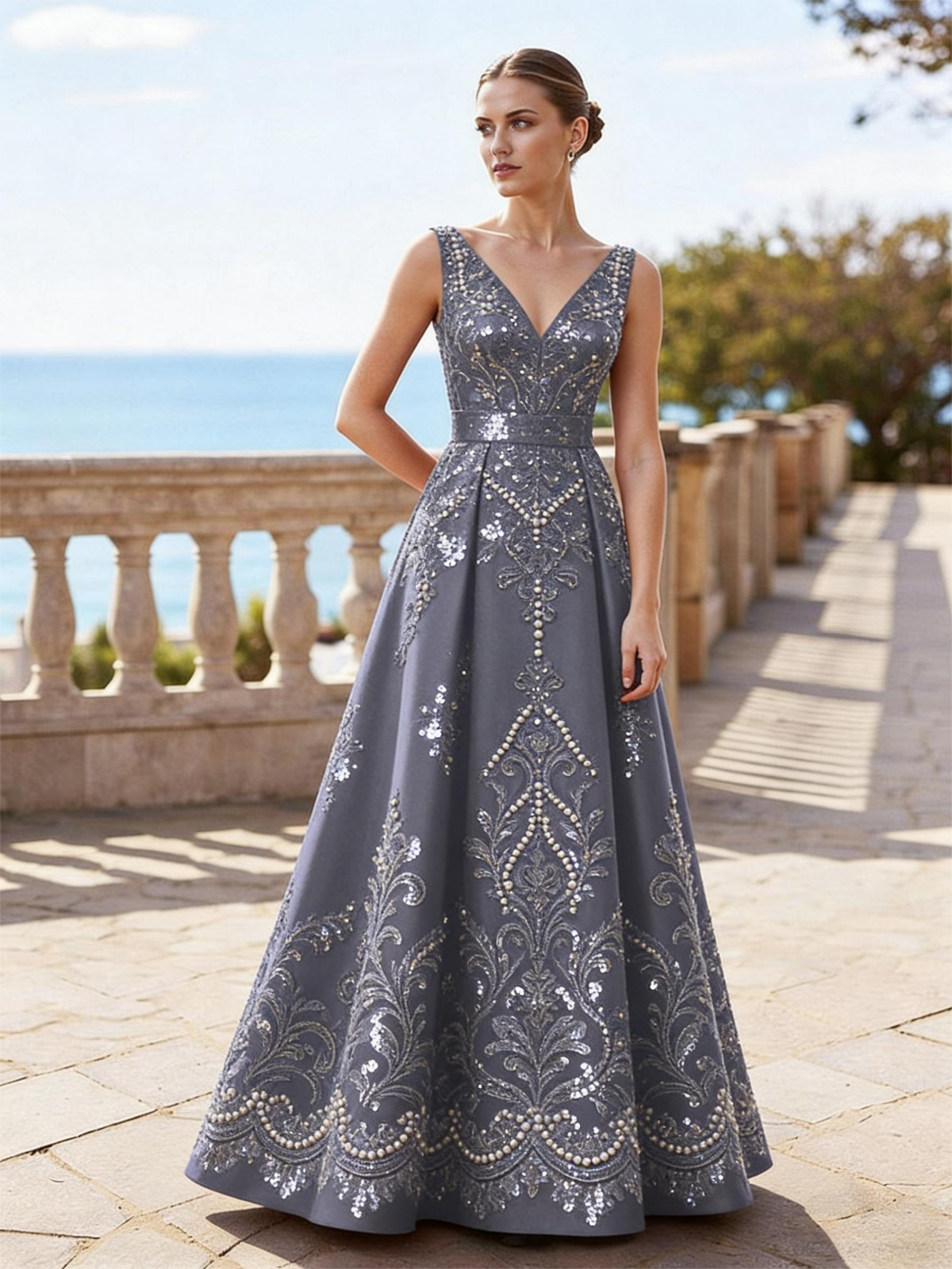 Satin Sparkly Corset Sleeveless V Neck A Line Mother of the Bride Dresses