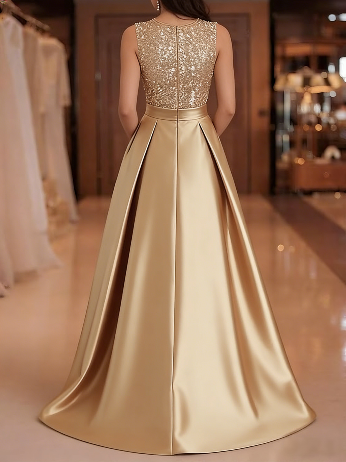 Satin Sparkly Corset Sleeveless Round Neck A Line Mother of the Bride Dresses