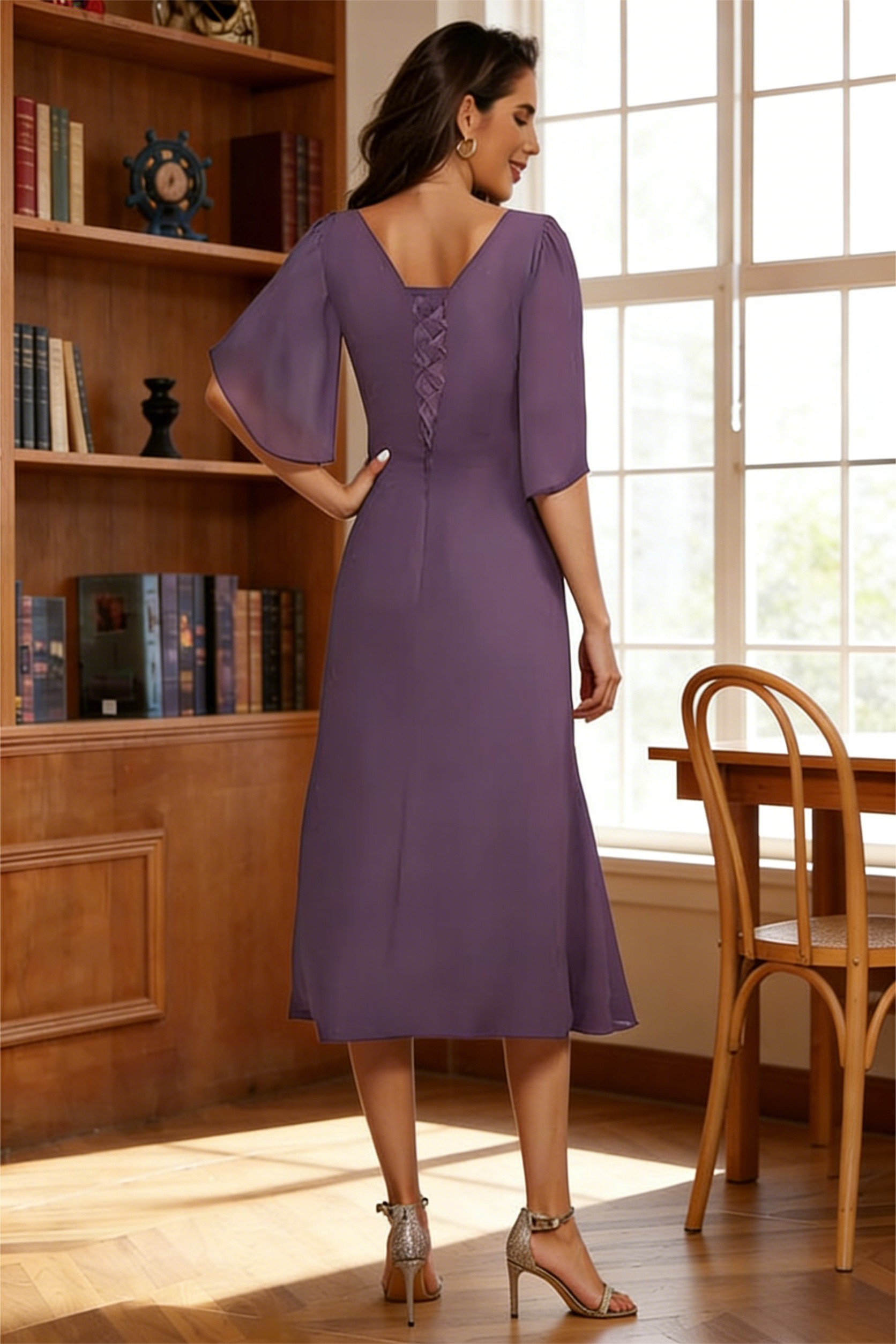 Chiffon Asymmetrical Neck A Line Mother of the Bride Dresses with Flutter Sleeves