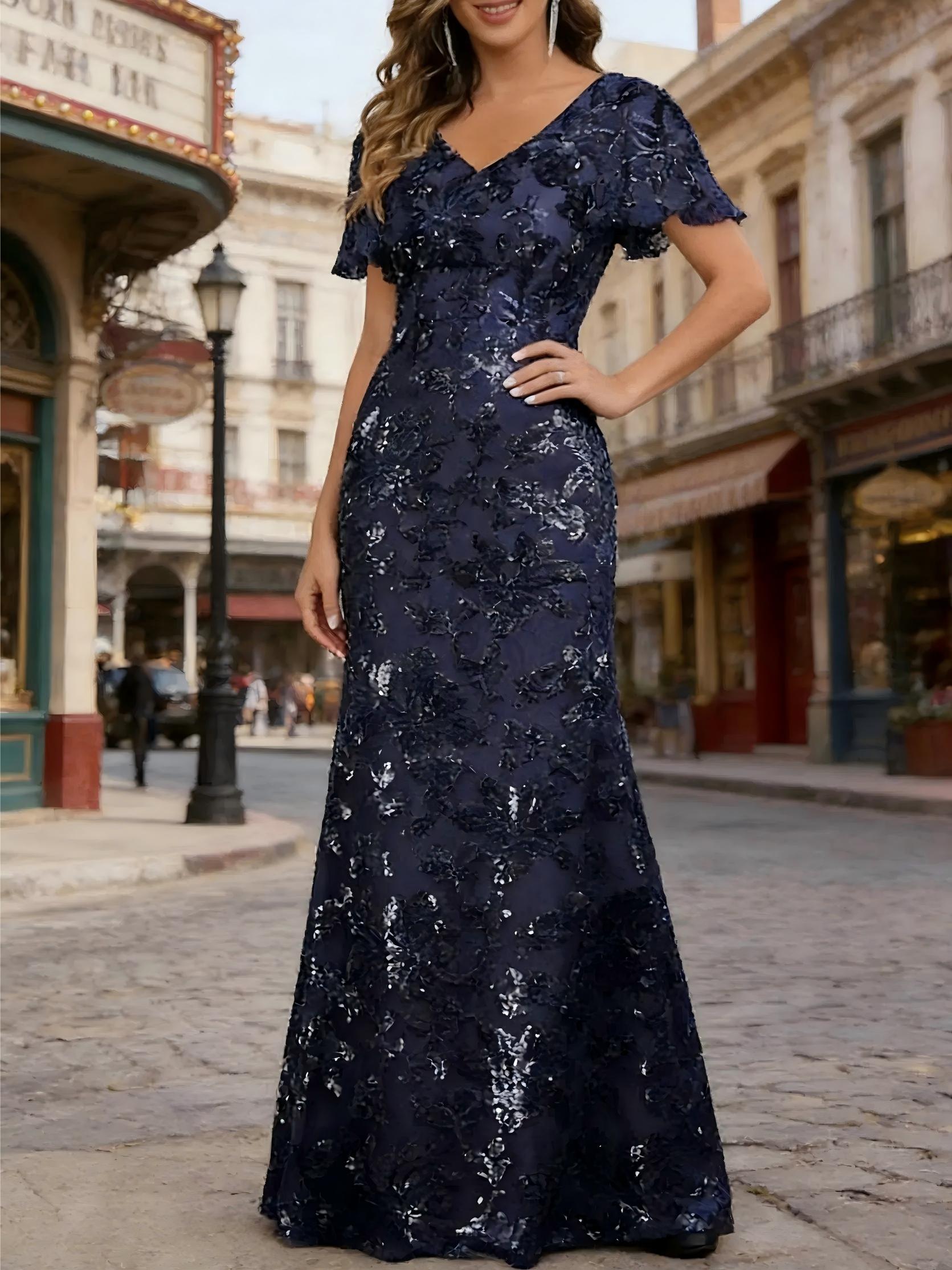 V Neck Mermaid Short Sleeves Sequin Mother of the Bride Dresses