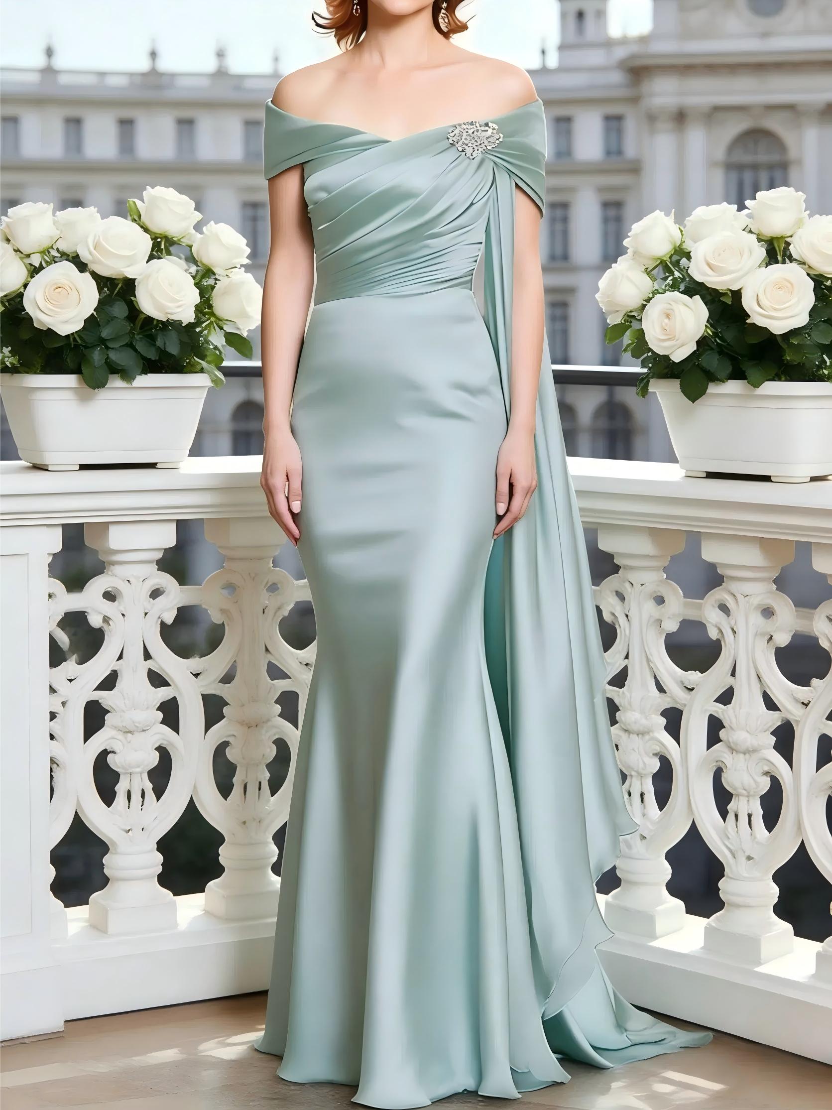 Off the Shoulder Mermaid Satin Mother of the Bride Dresses with Scarf