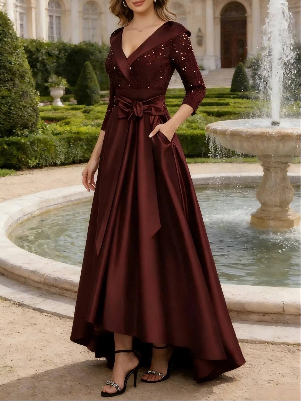 V Neck A Line Satin Long Sleeves Mother of the Bride Dresses