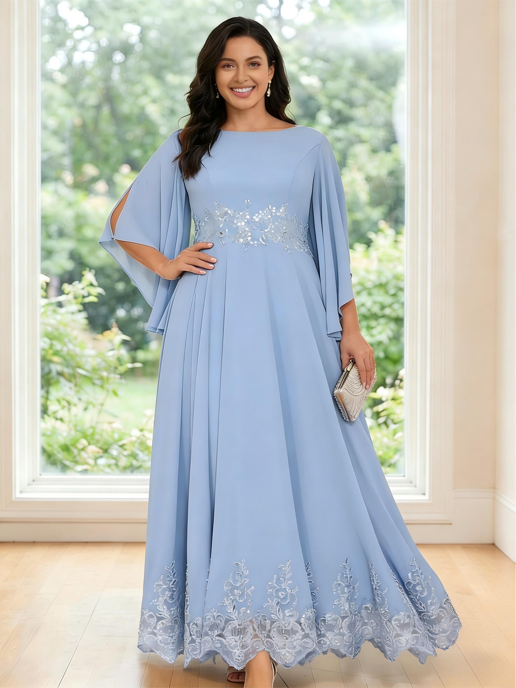 Chiffon Short Sleeves Round Neck A Line Mother of the Bride Dresses