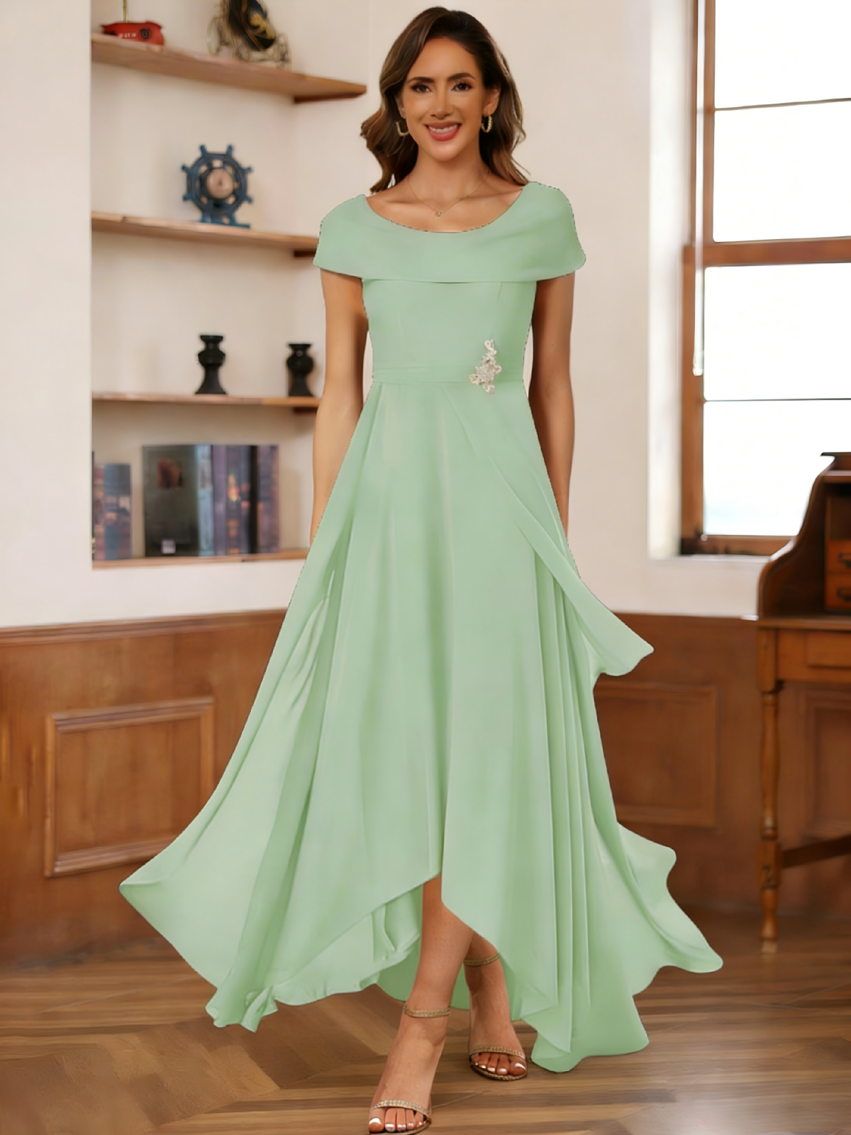 Chiffon Long Lace Applique Ruffle Off the Shoulder Mother of the Bride Dresses for Women