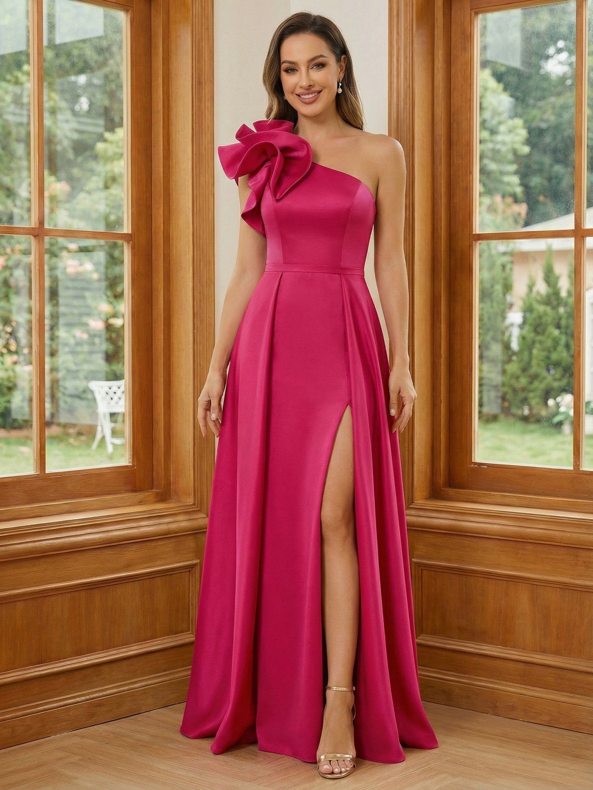 One Shoulder Satin Mother of the Bride Dresses with Ruffles