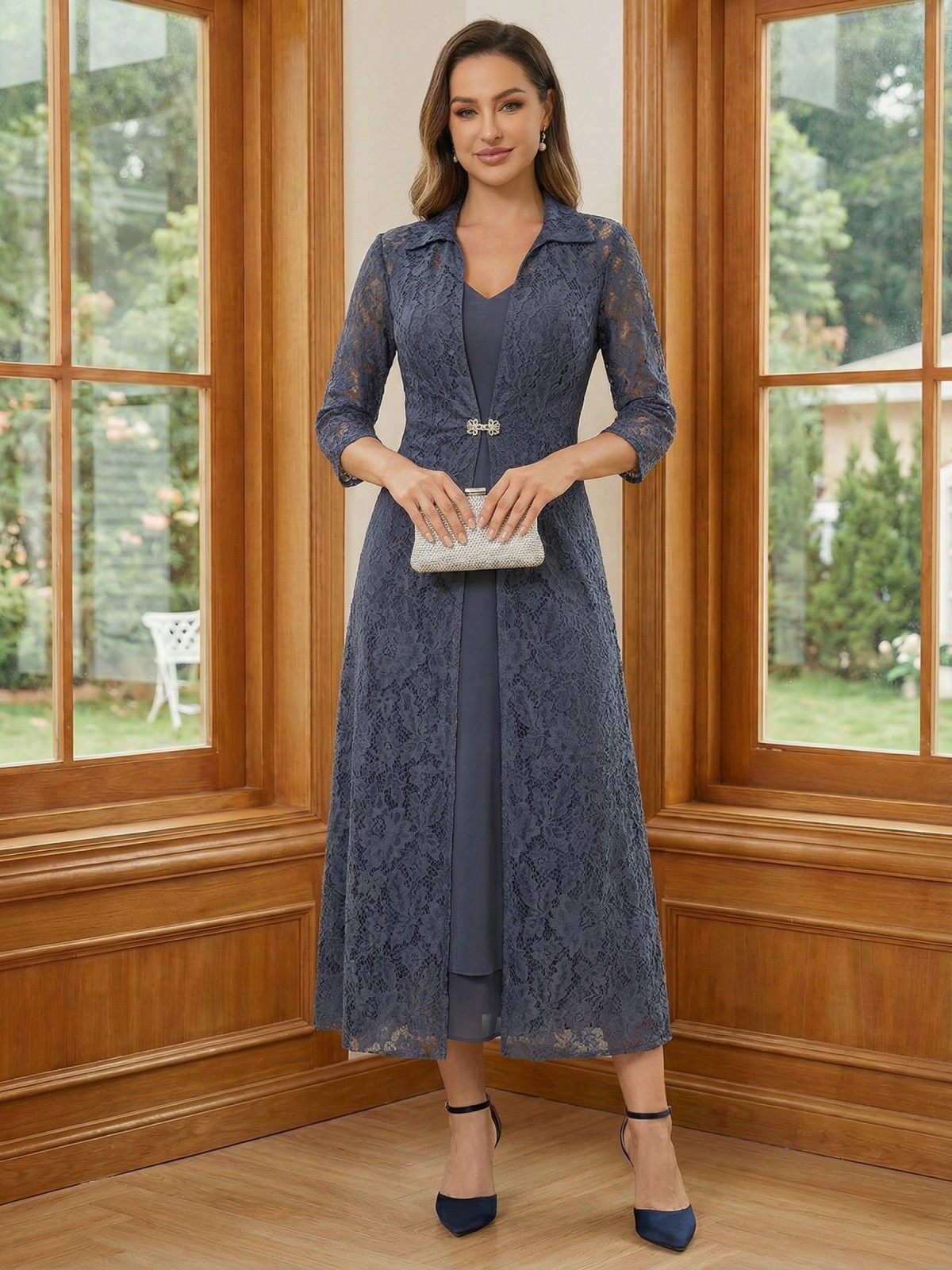 V Neck Lace Appliques Mother of the Bride Dresses