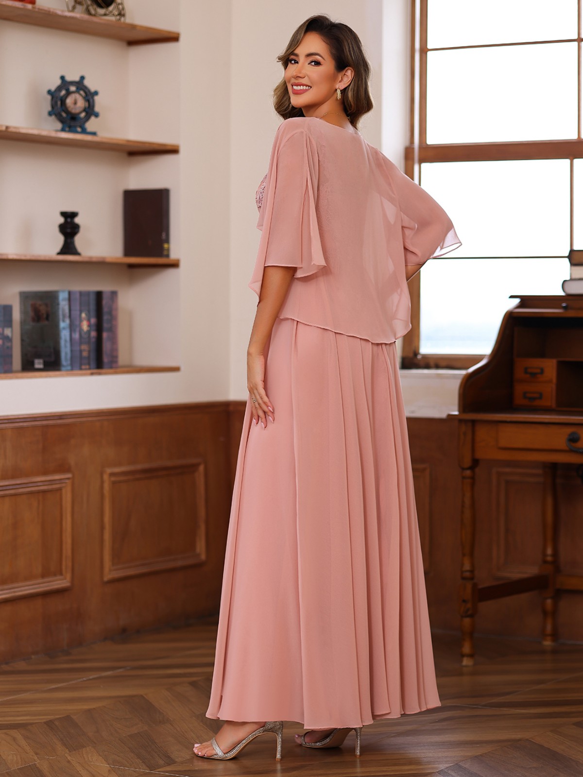 Chiffon V Neck Lace Applique 2 Pieces A Line Mother of the Bride Dresses