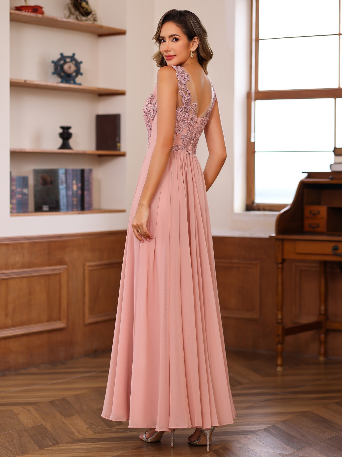 Chiffon V Neck Lace Applique 2 Pieces A Line Mother of the Bride Dresses