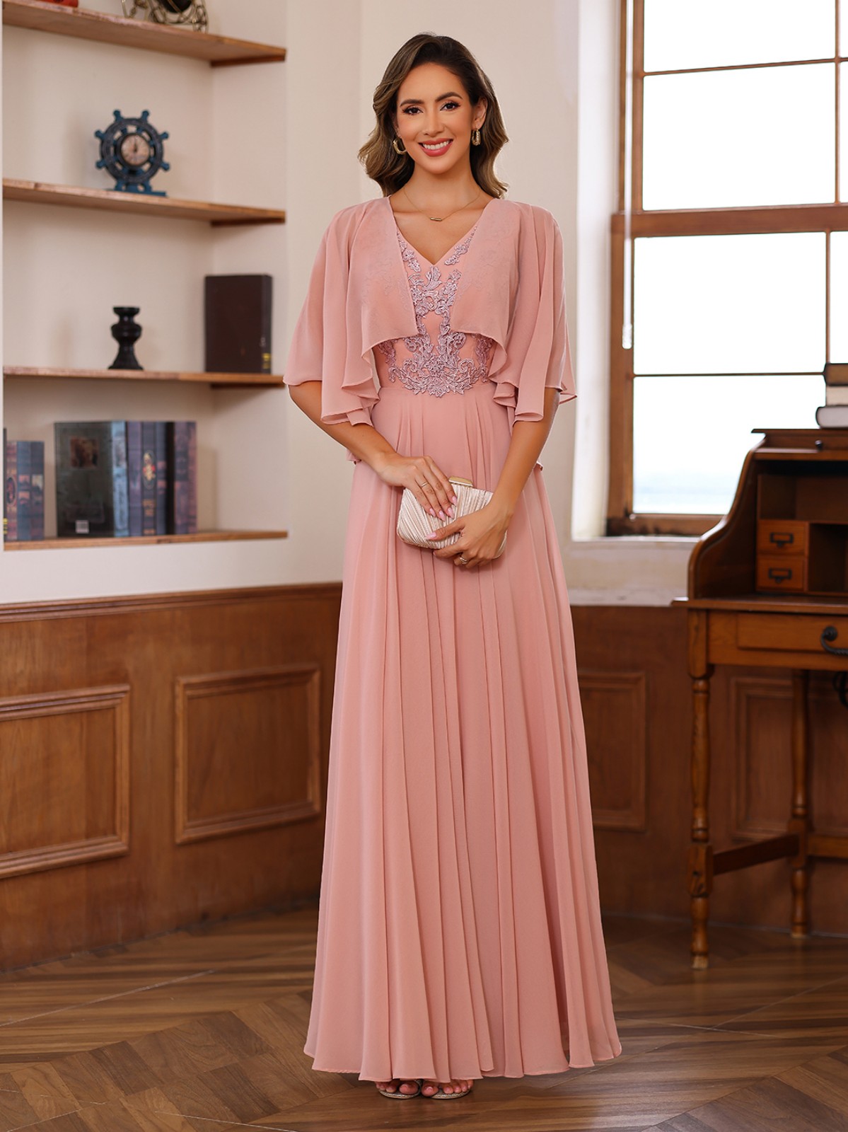 Chiffon V Neck Lace Applique 2 Pieces A Line Mother of the Bride Dresses