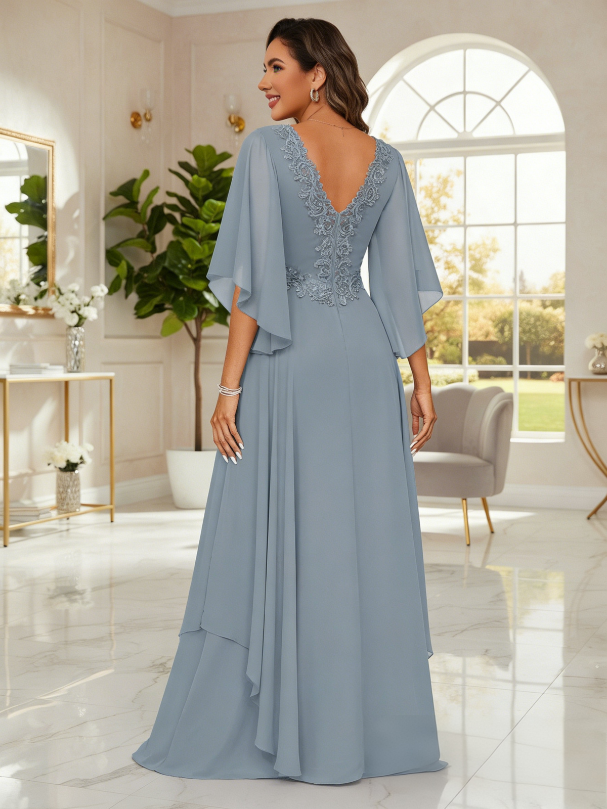 Chiffon Long Lace Applique V Neck Mother of the Bride Dresses for Women