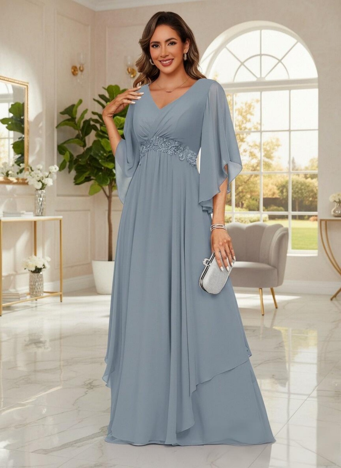 Chiffon Long Lace Applique V Neck Mother of the Bride Dresses for Women
