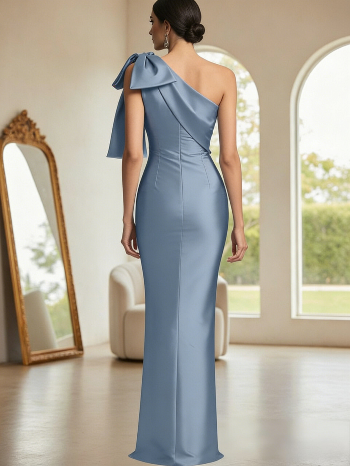Bow Satin Long Mermaid One Shoulder Mother of the Bride Dresses for Women