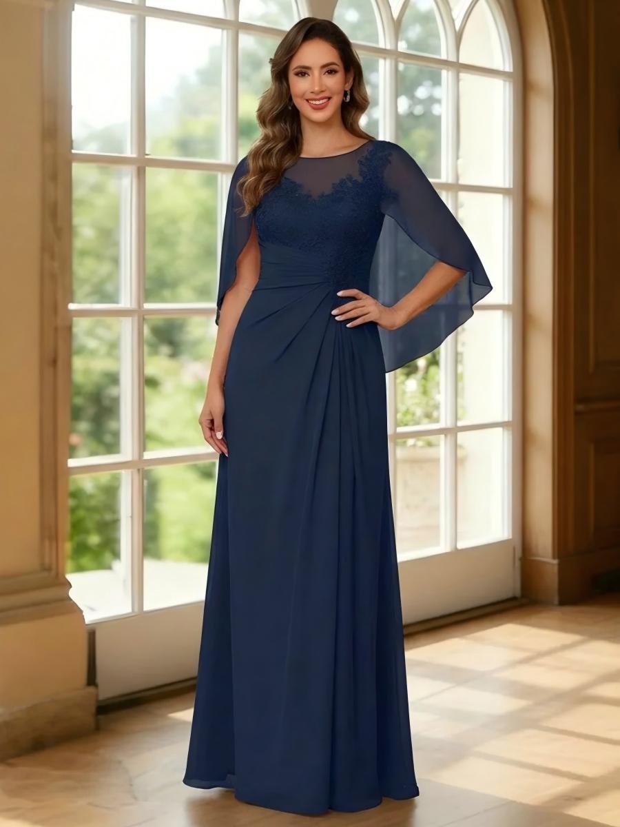 Scoop Neck Chiffon Lace Appliques Ruched Mother of the Bride Dresses